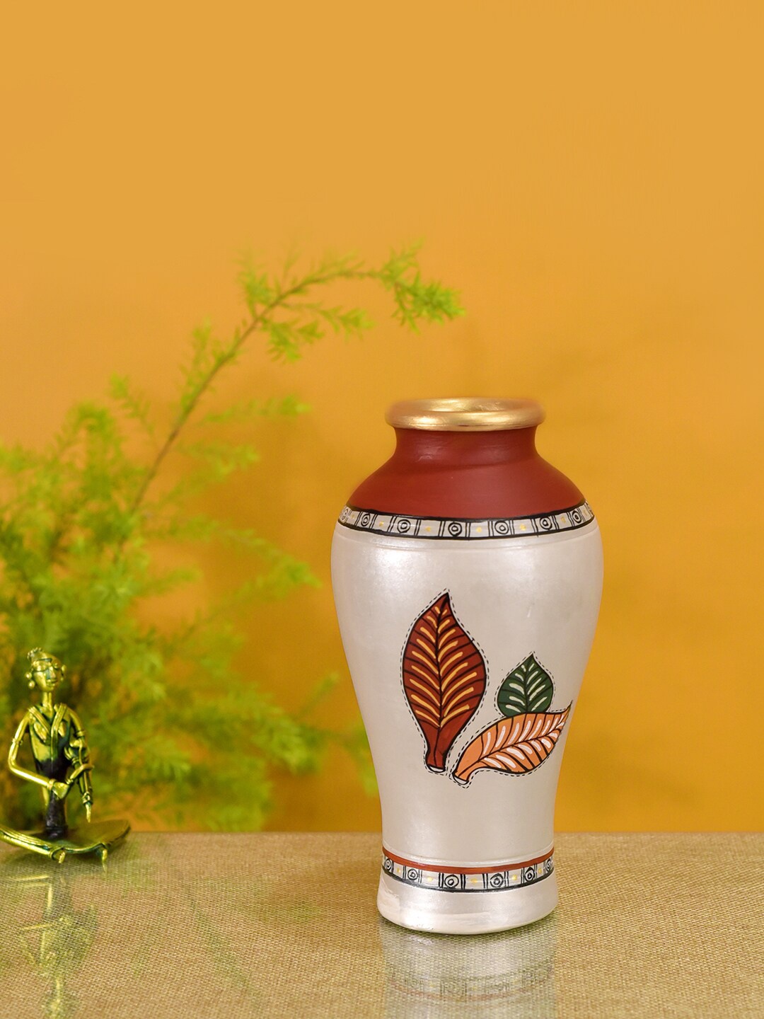 

AAKRITI ART CREATIONS Black & Orange Handpainted Bloom Earthen Vase Tribal Art, Cream