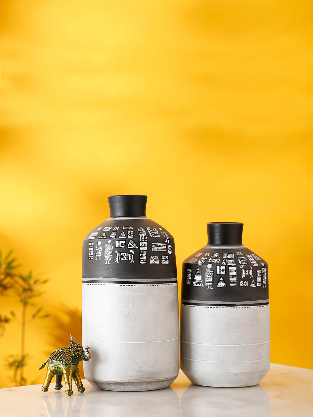 

AAKRITI ART CREATIONS Set Of 2 Black & White Warli Motifs Handpainted Vases