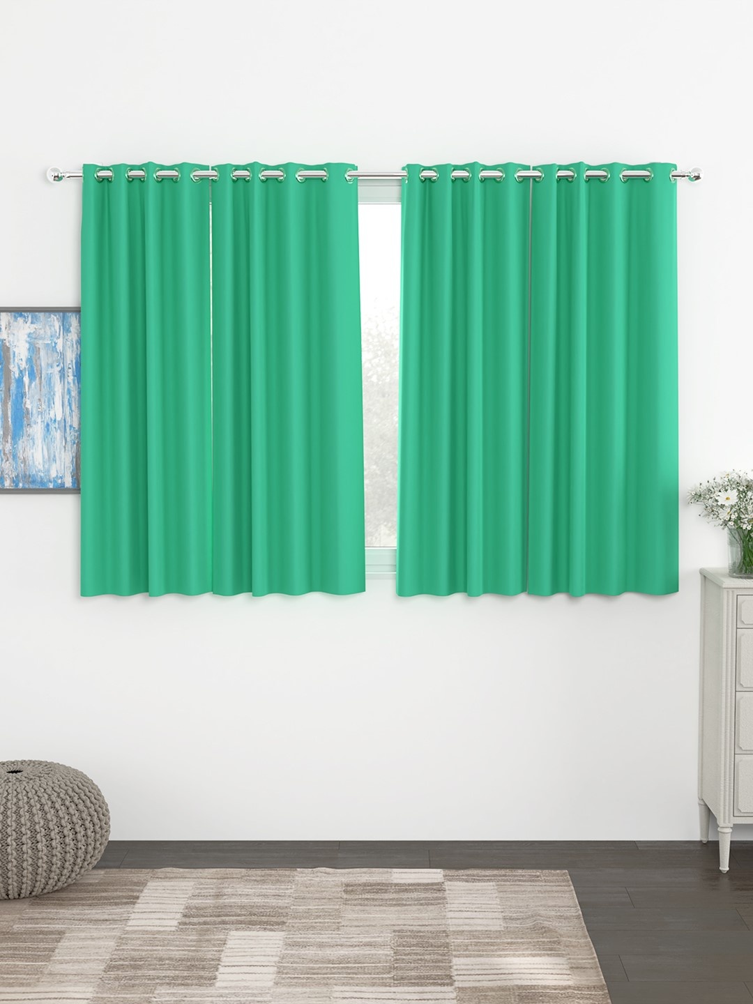 

Story@home Teal Set of 4 Faux Silk Black Out Window Curtain- 5 feet