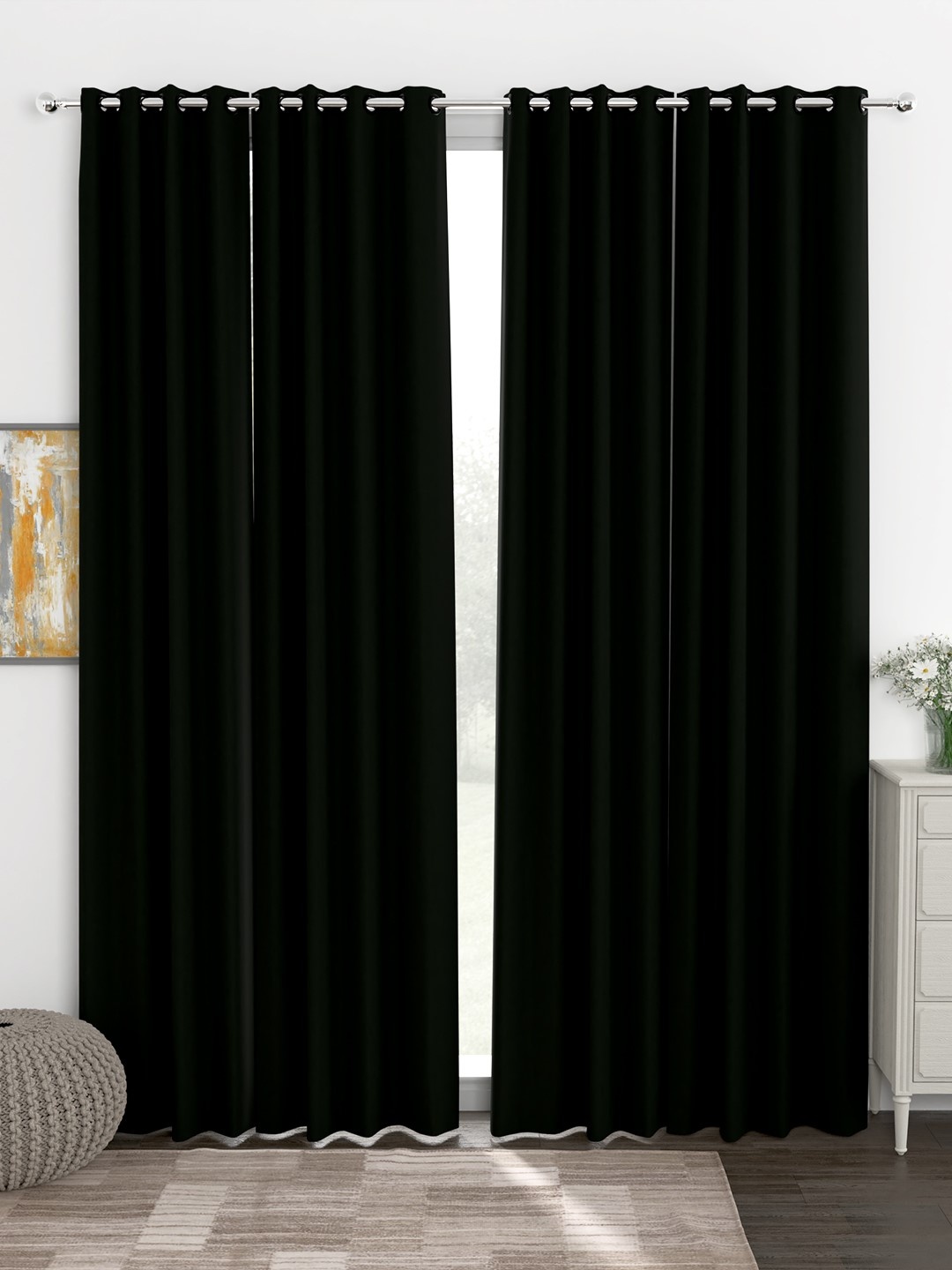 

Story@home Black Set of 4 Faux Silk Black Out Door Curtain- 7 feet