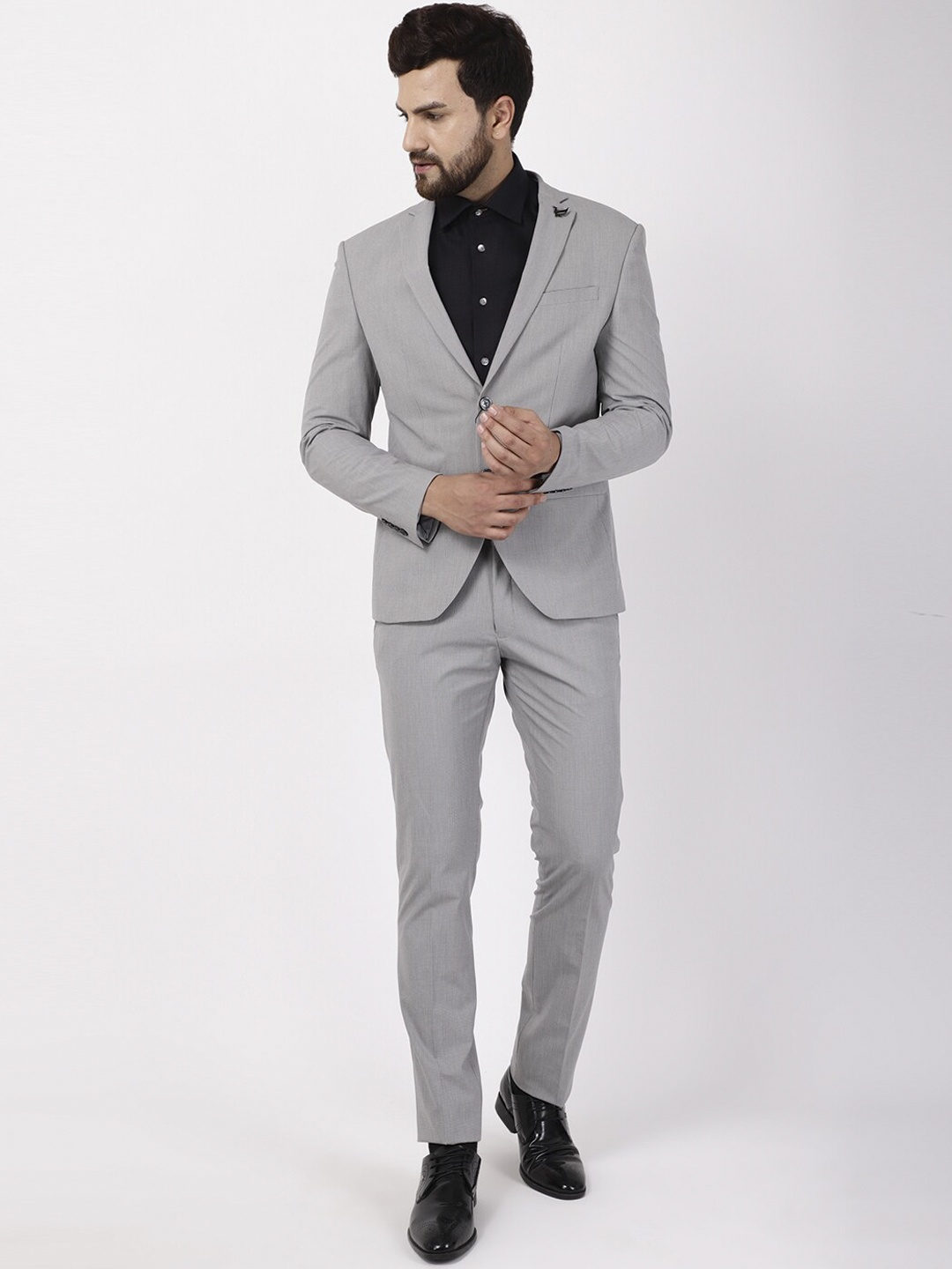 

Blackberrys Men Grey Self-Design Slim-Fit Single-Breasted Two-Piece Formal Suit