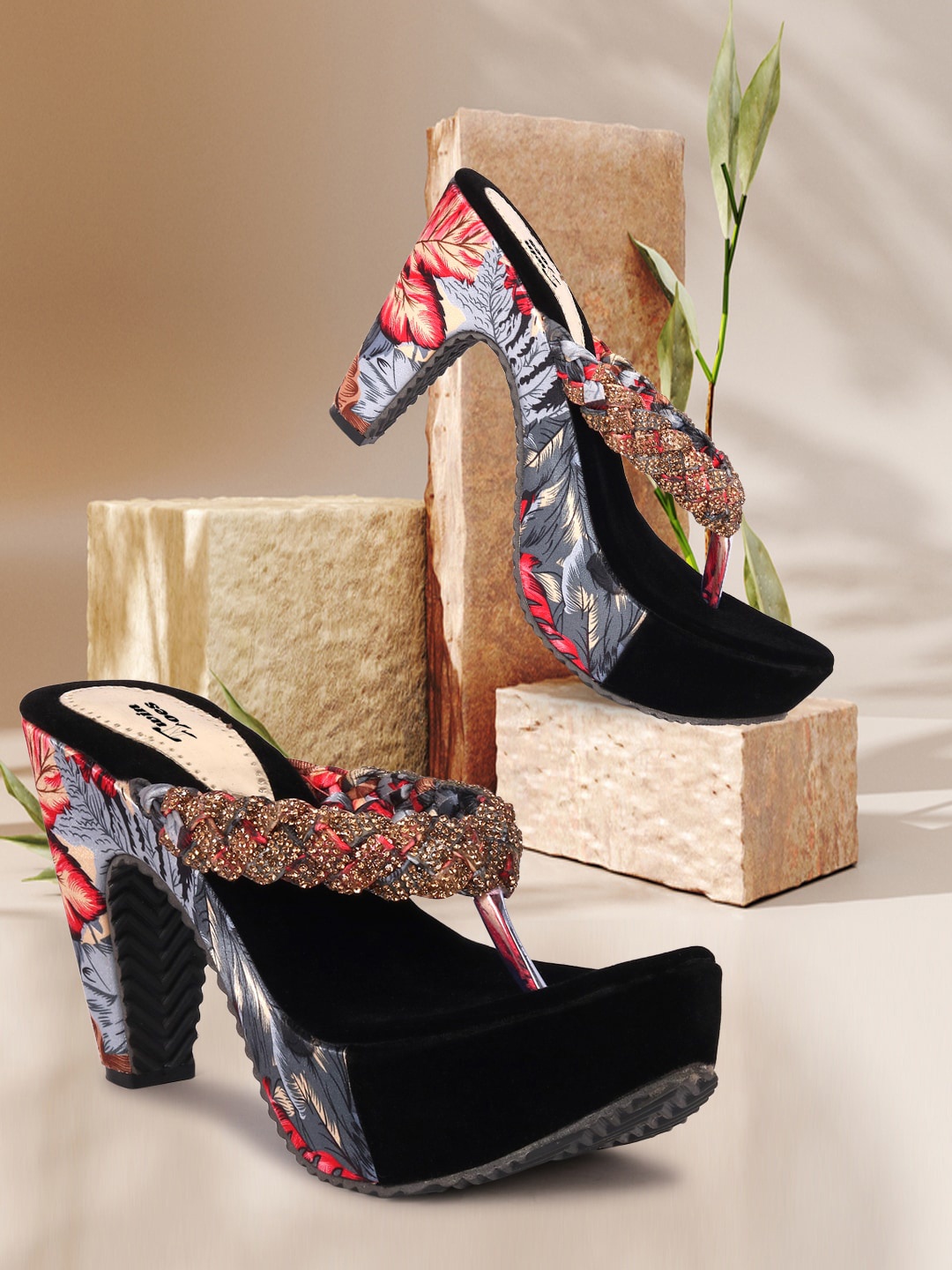 

TWIN TOES Black & Multicoloured Suede Party Block Heel Sandals