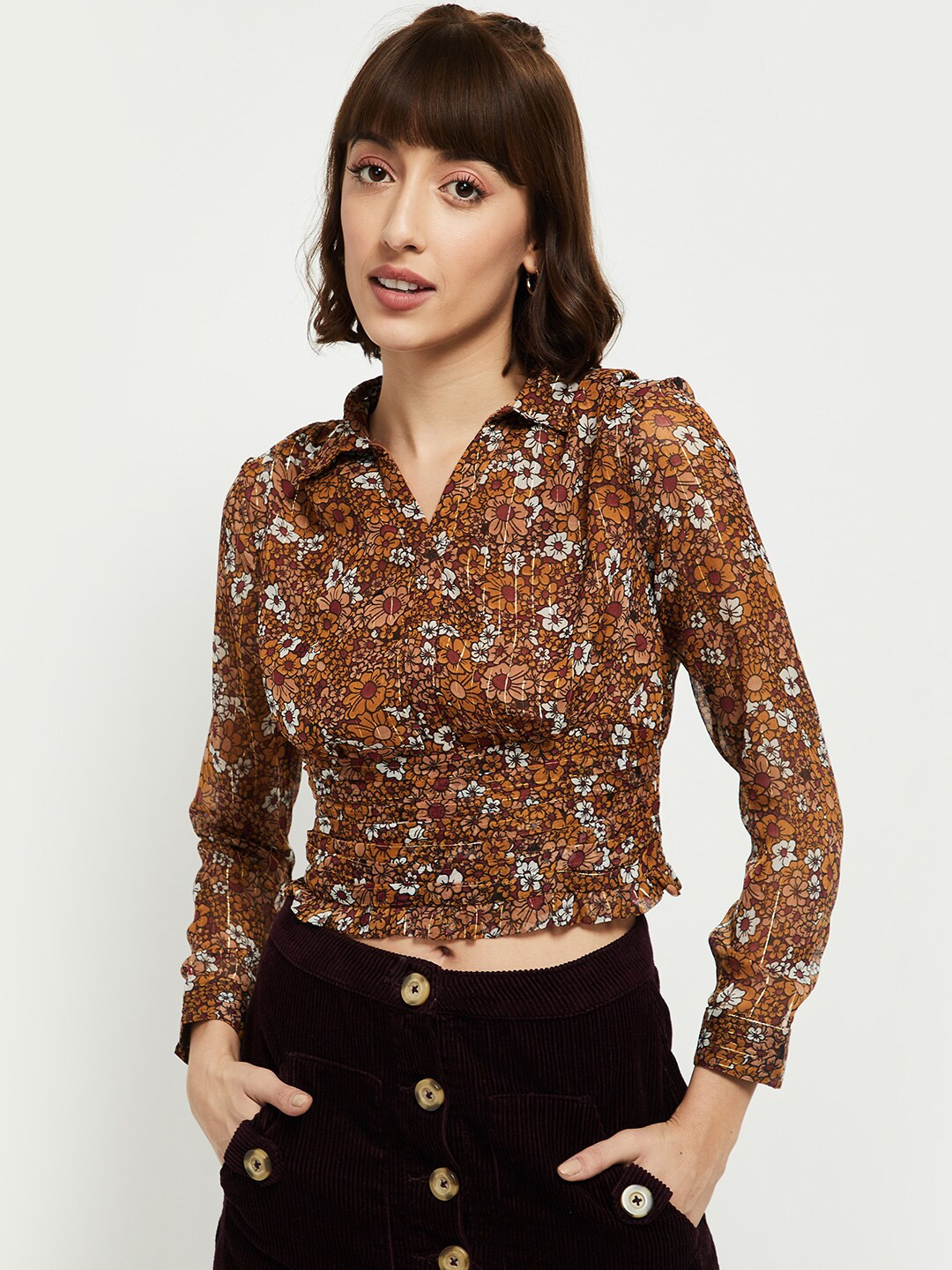 

max Brown & White Floral Printed Shirt Style Top