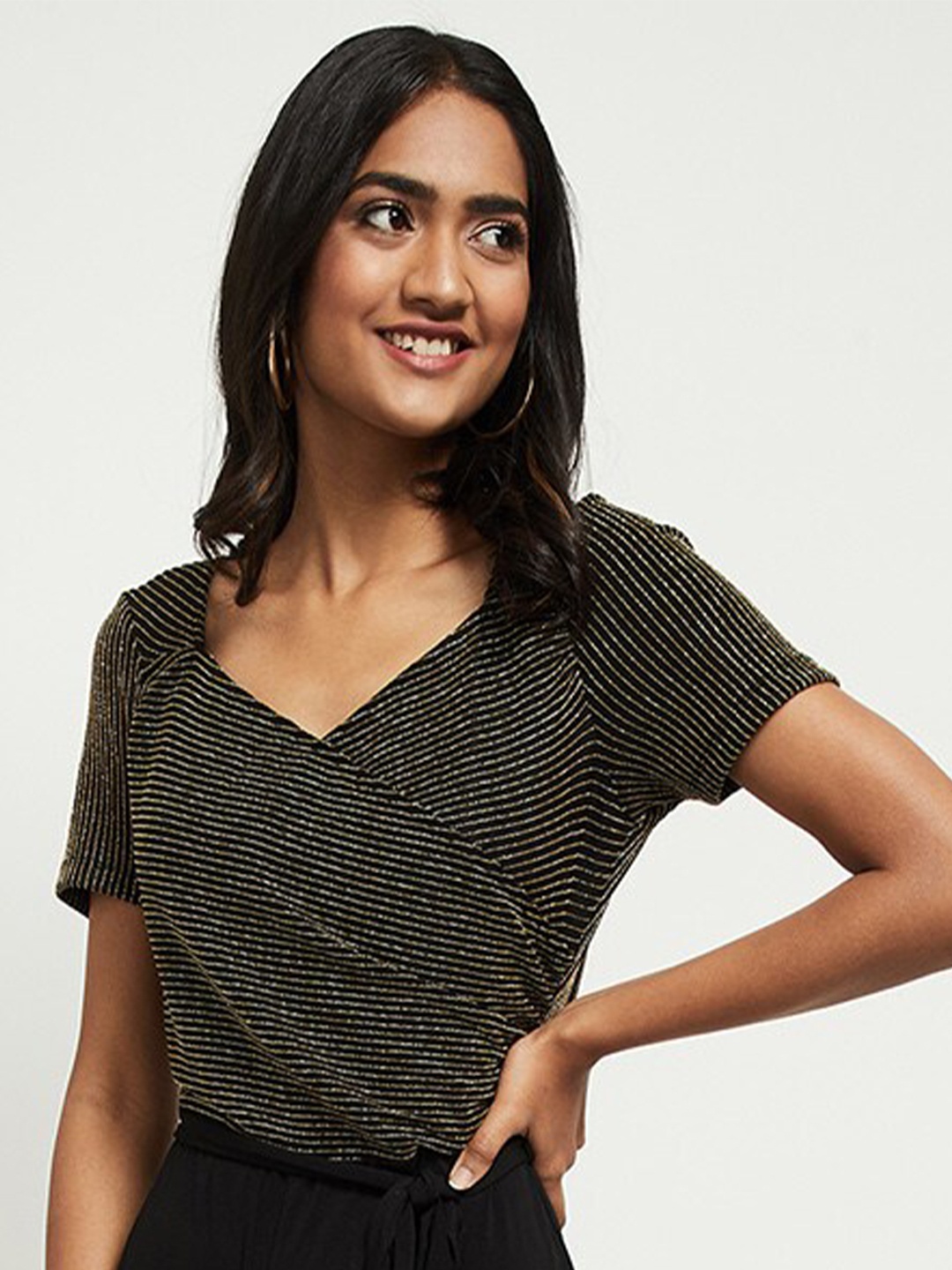 

max Black & Golden Striped Wrap Top