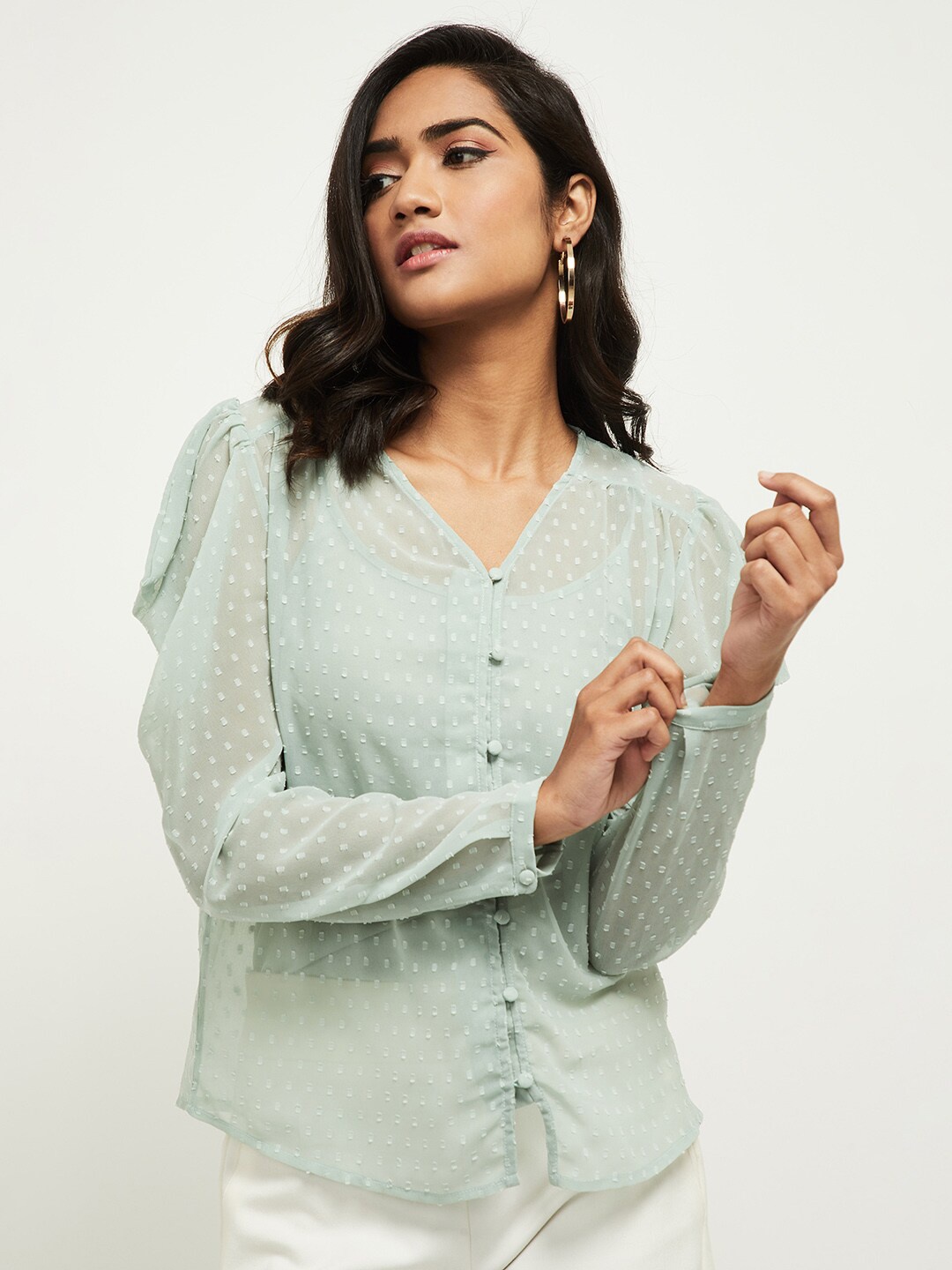 

max Green Solid Shirt Style Top