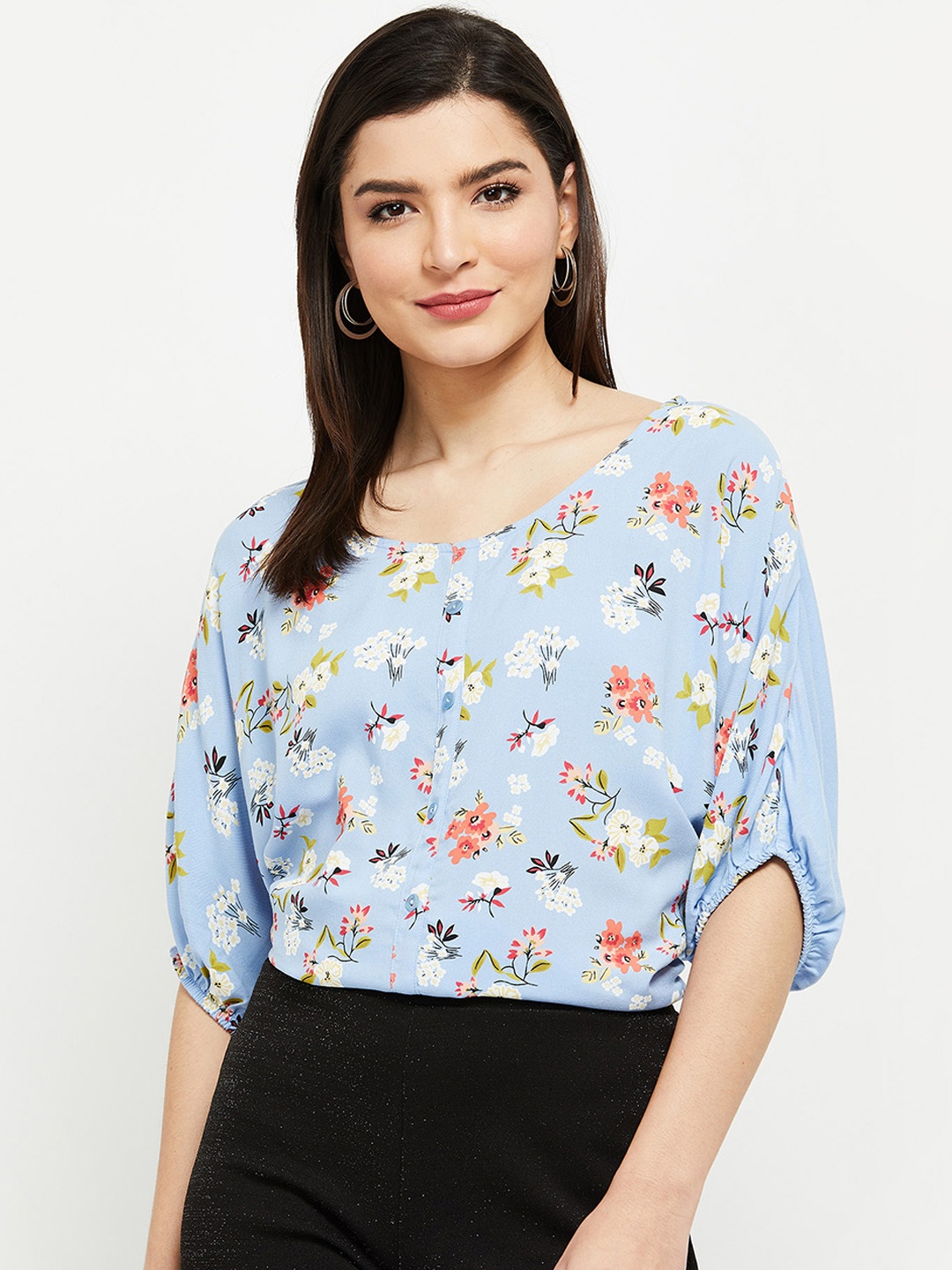 

max Blue & Pink Floral Print Extended Sleeves Longline Top