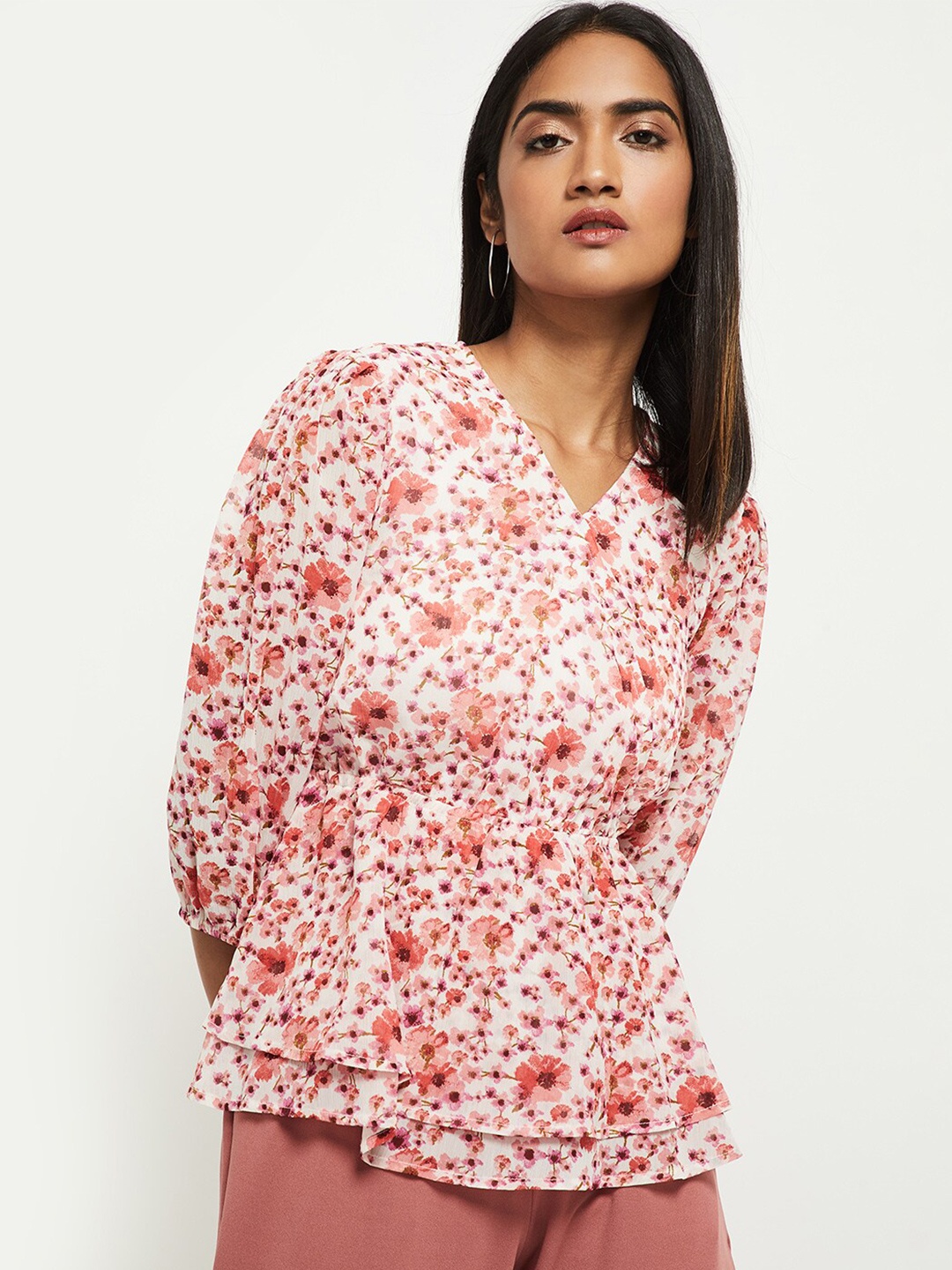 

max Cream-Coloured & Red Floral Regular Top