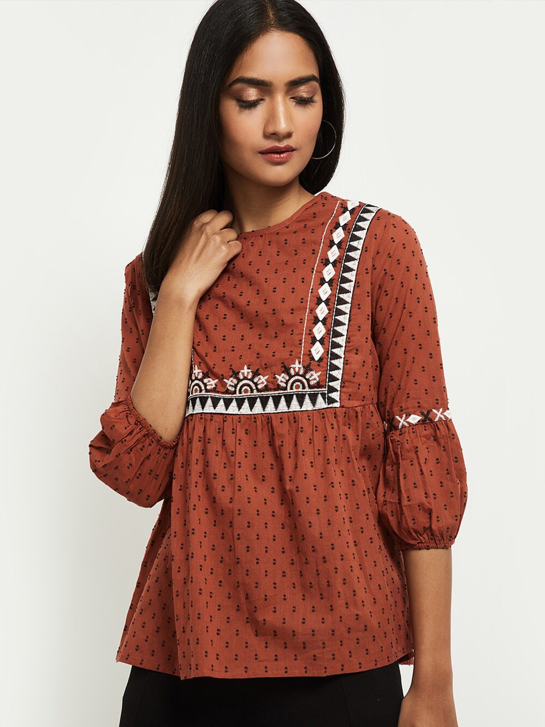 

max Rust Brown Geometric Cotton Regular Top