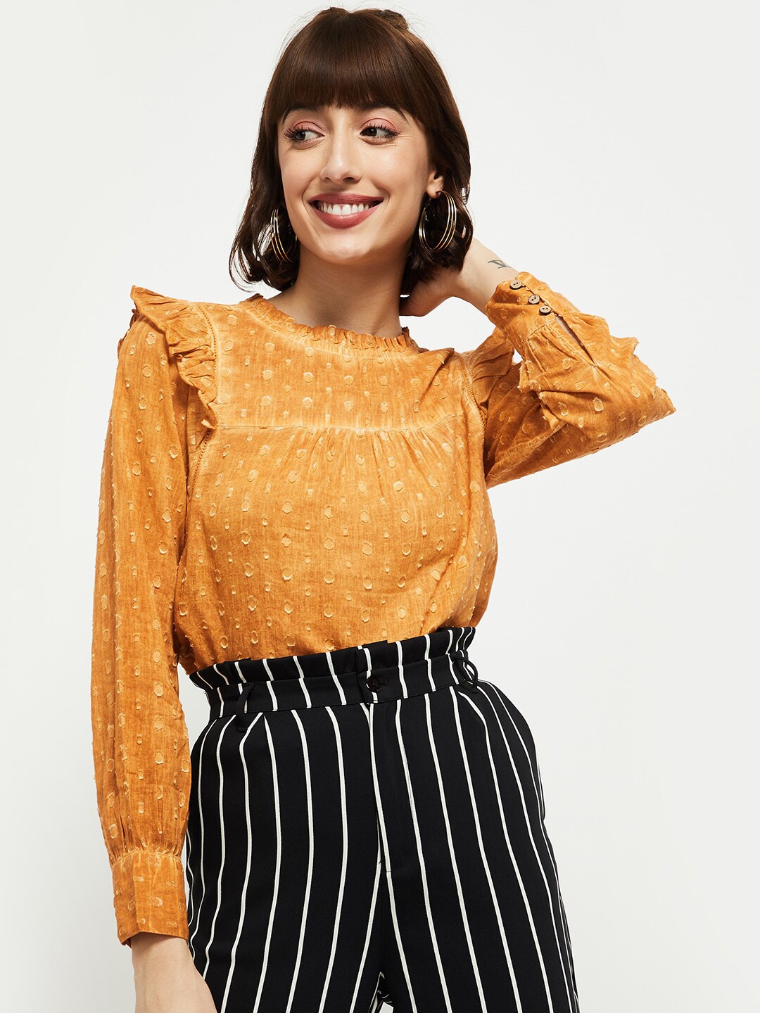 

Max Women Mustard Self Design Top