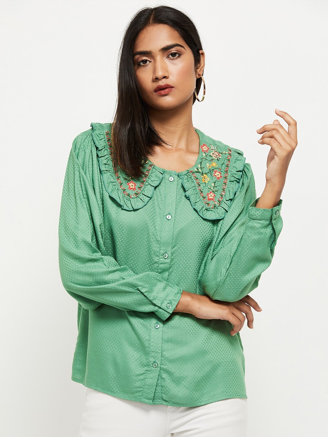

max Women Green Peter Pan Collar Shirt Style Top