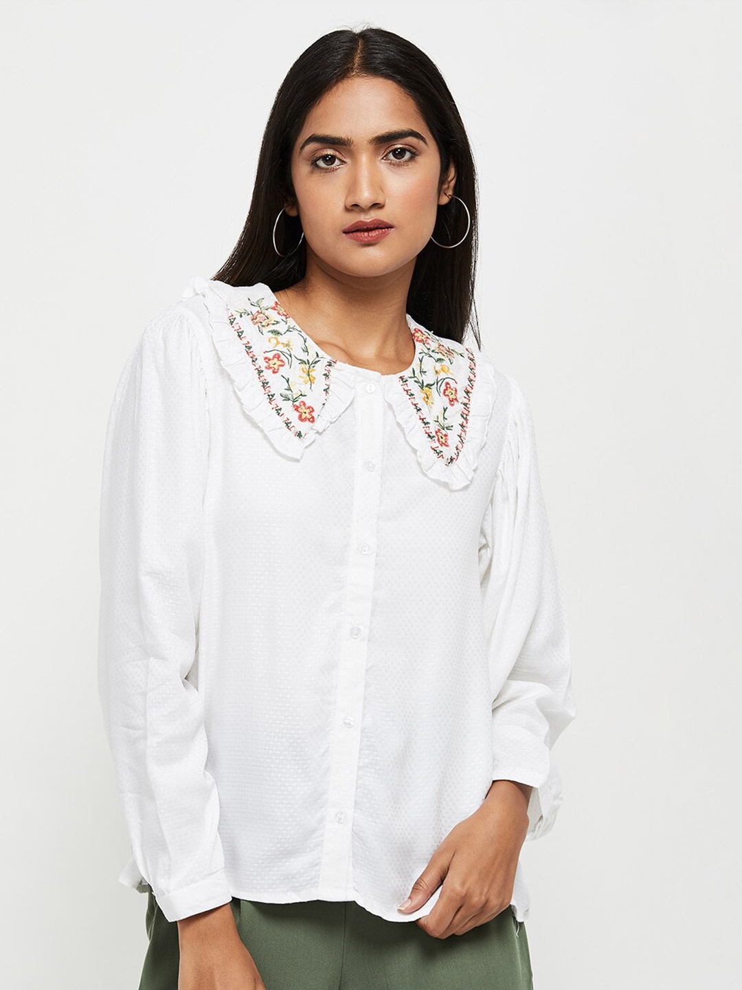 

max Cream-Coloured & Red Floral Embroidered Shirt Style Top