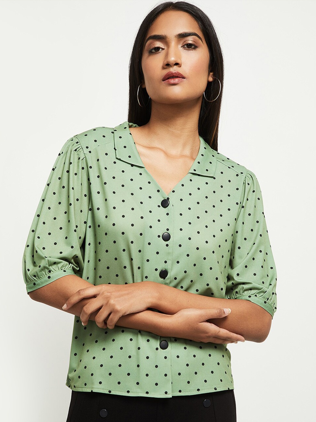 

max Women Green Polka Dots Printed Regular Top
