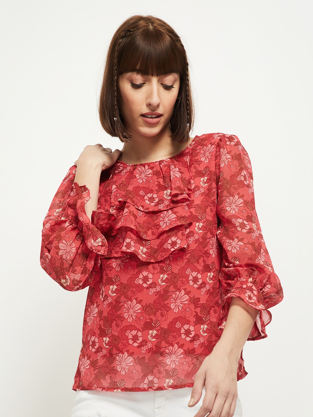 

max Red Floral Regular Ruffle Top