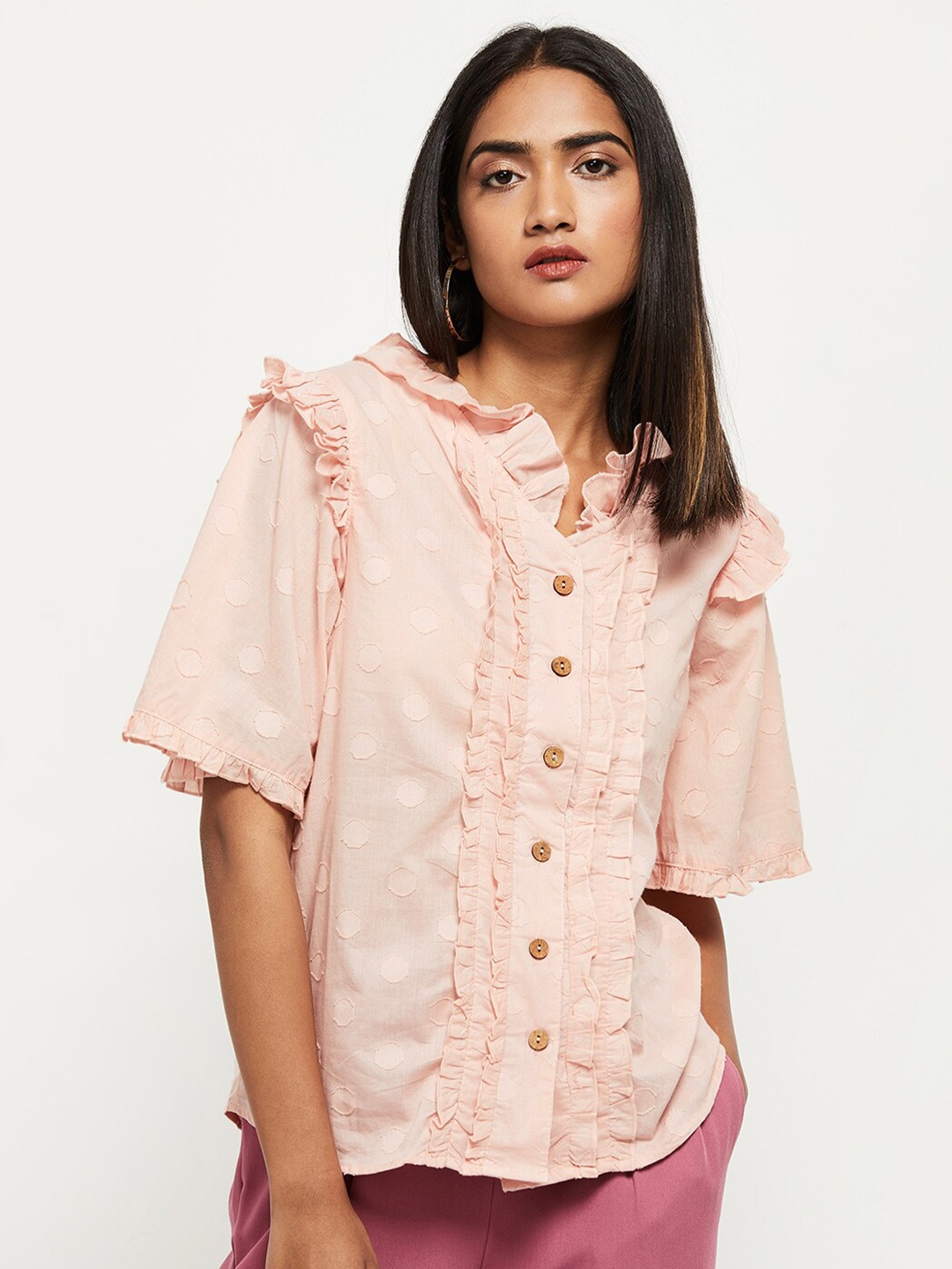 

max Pink Floral Mandarin Collar Shirt Style Top