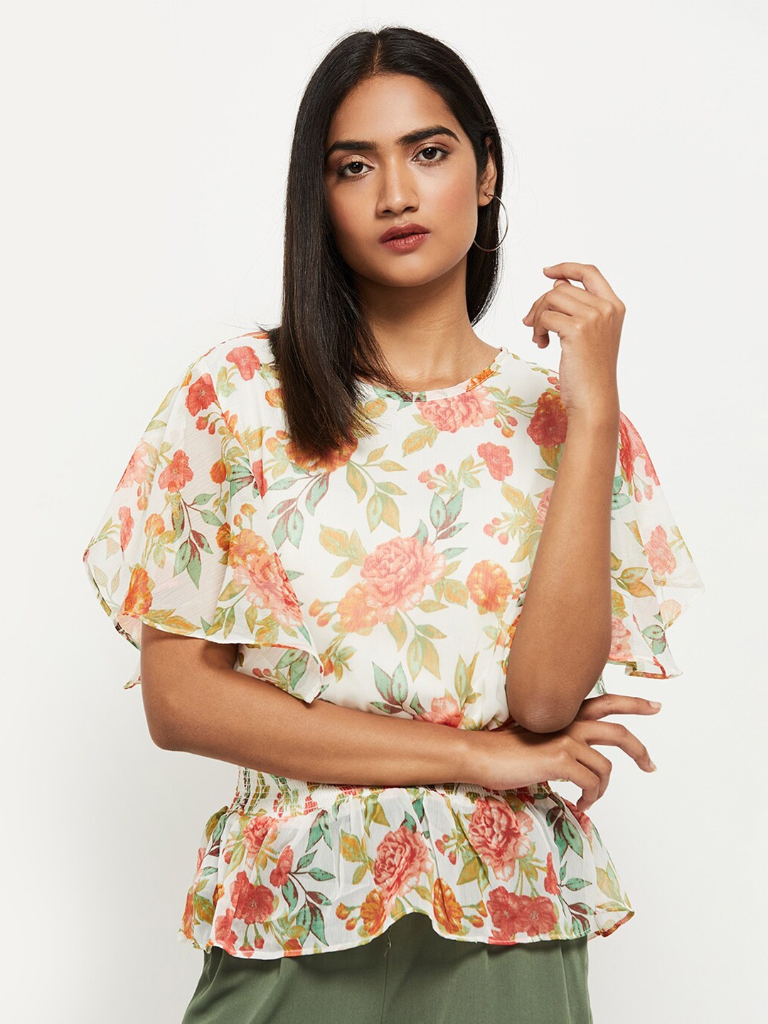 

max White & Orange Floral Cinched Waist Top
