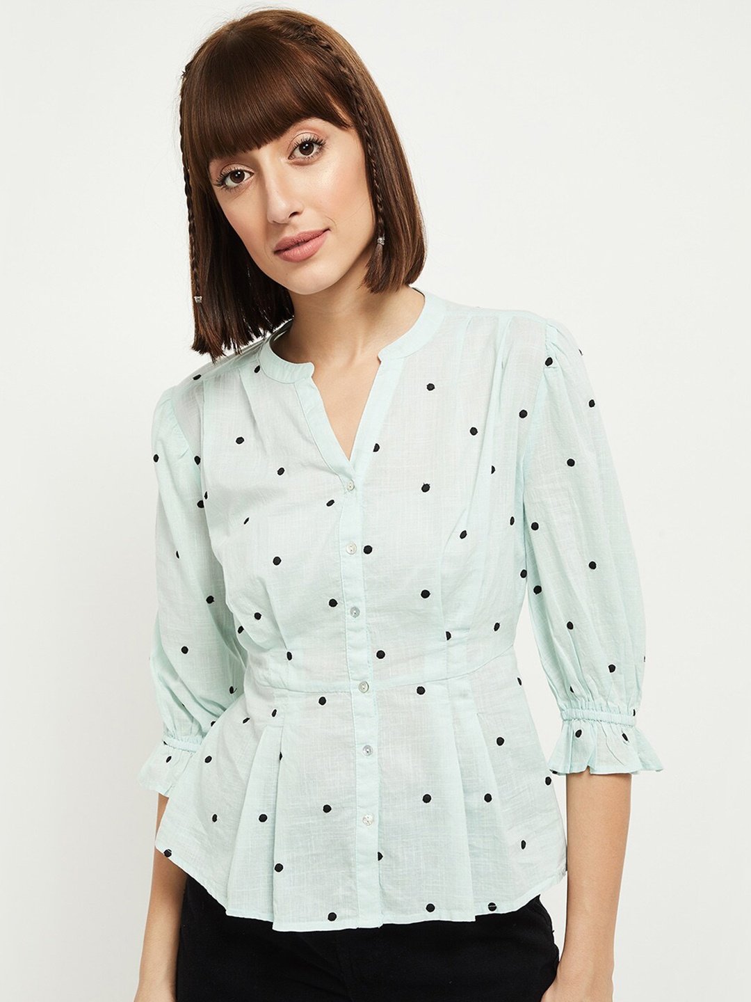 

max Woman Blue Polka dot Mandarin Collar Cinched Waist Top