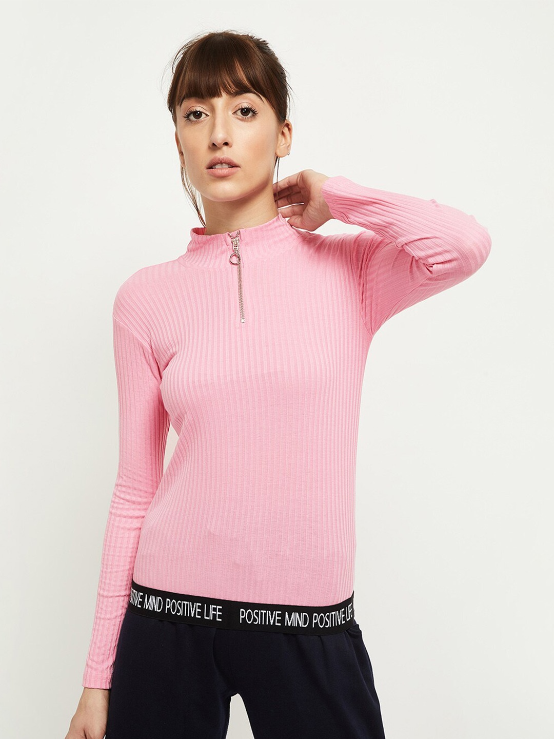 

Max Women Pink Ribbed Fitted Top