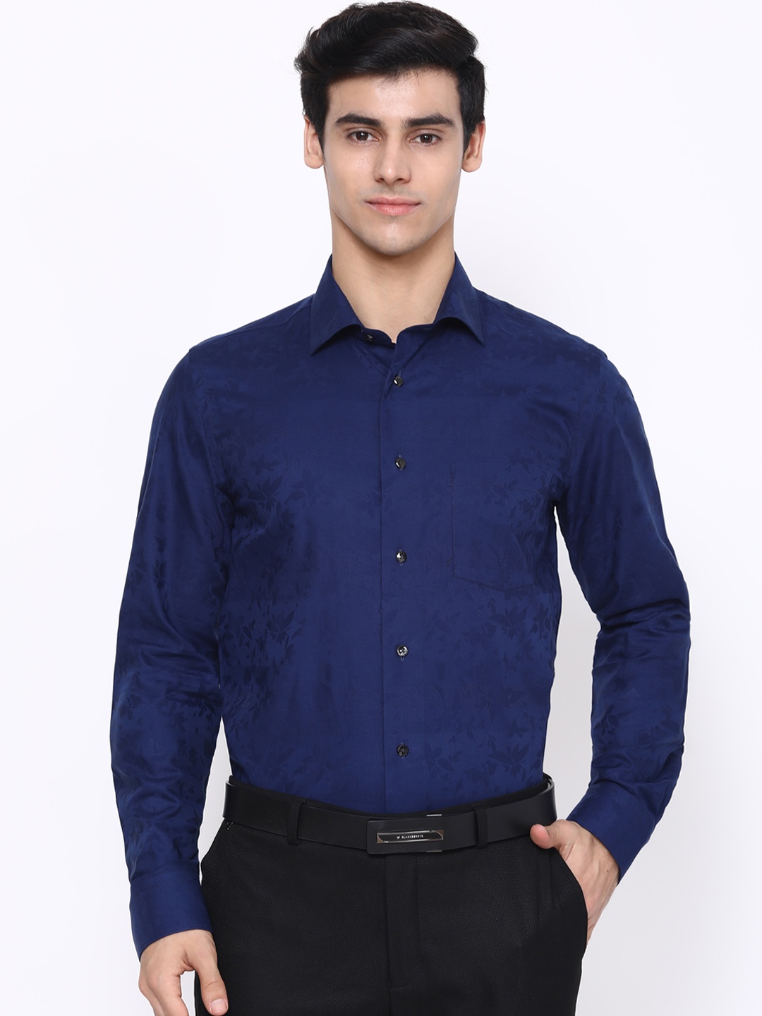 

Blackberrys Men Navy Blue Self Design Slim Fit Formal Shirt