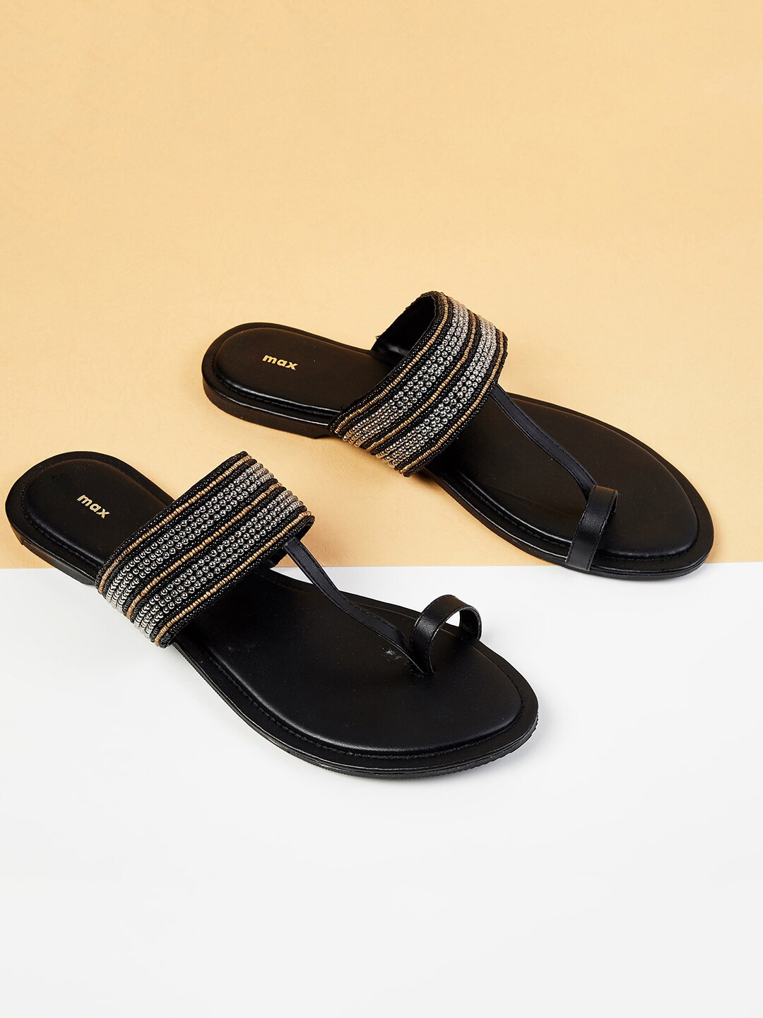 

max Women Black Striped T-Strap Flats