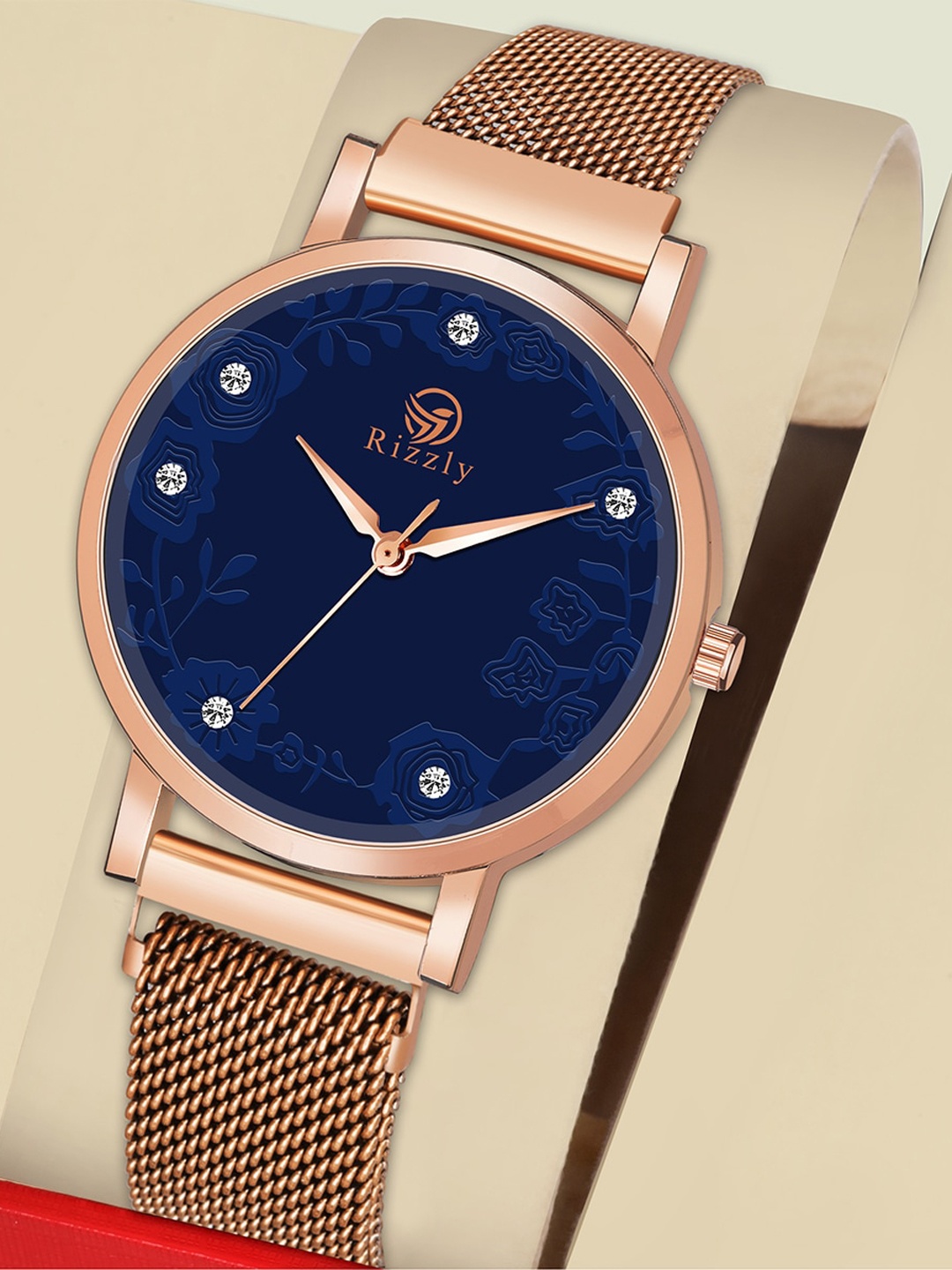 

Rizzly Women Brass Dial & Rose Gold Toned Bracelet Style Straps Analogue Watch RZ-147, Navy blue