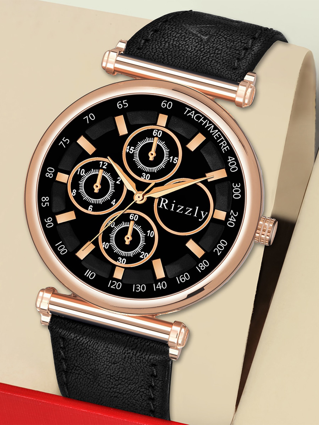 

Rizzly Men Black Brass Embellished Dial & Leather Strap Analogue Watch RZ-228-Black