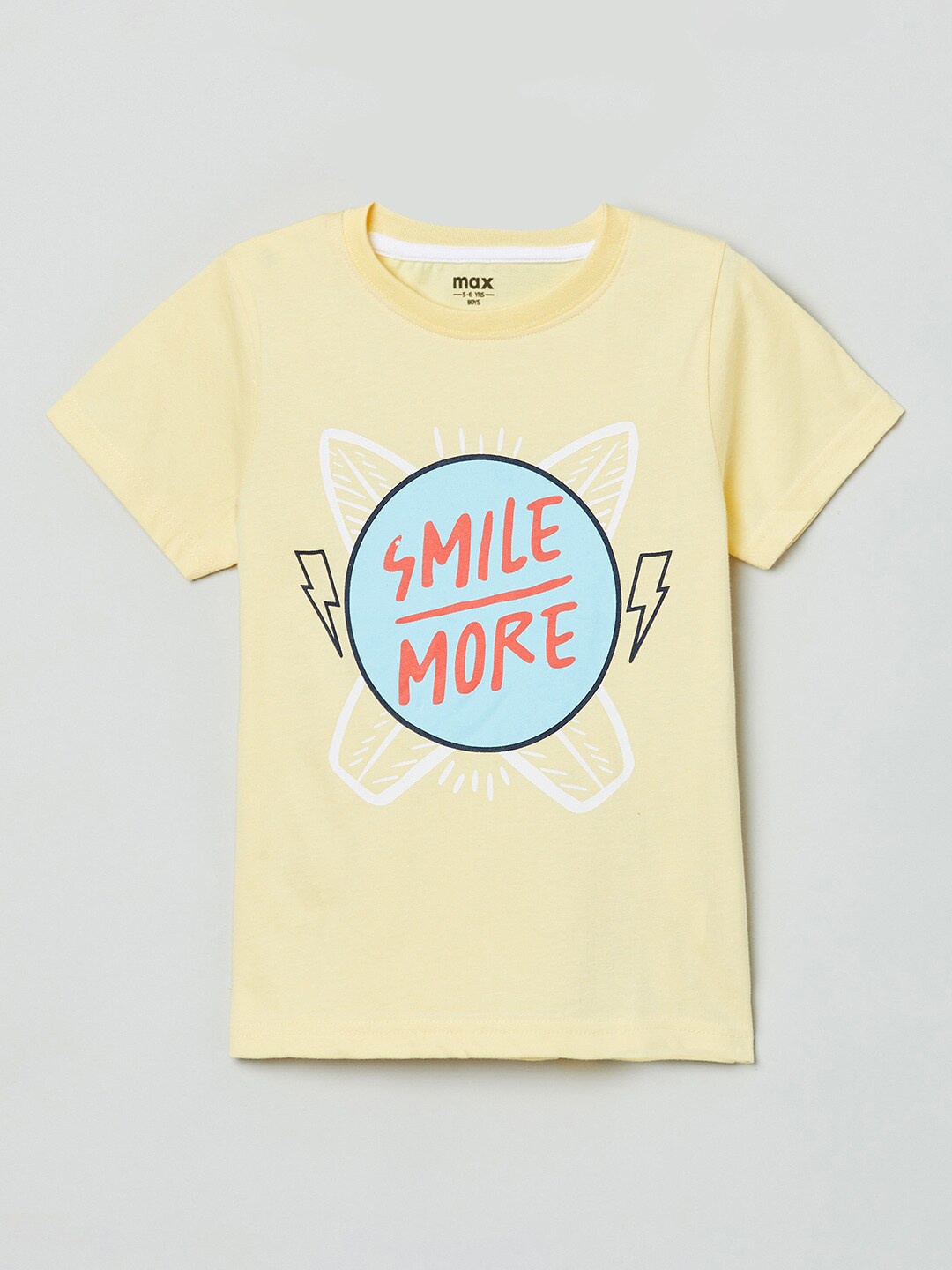 max Boys Yellow & Blue Typography Printed T-shirt