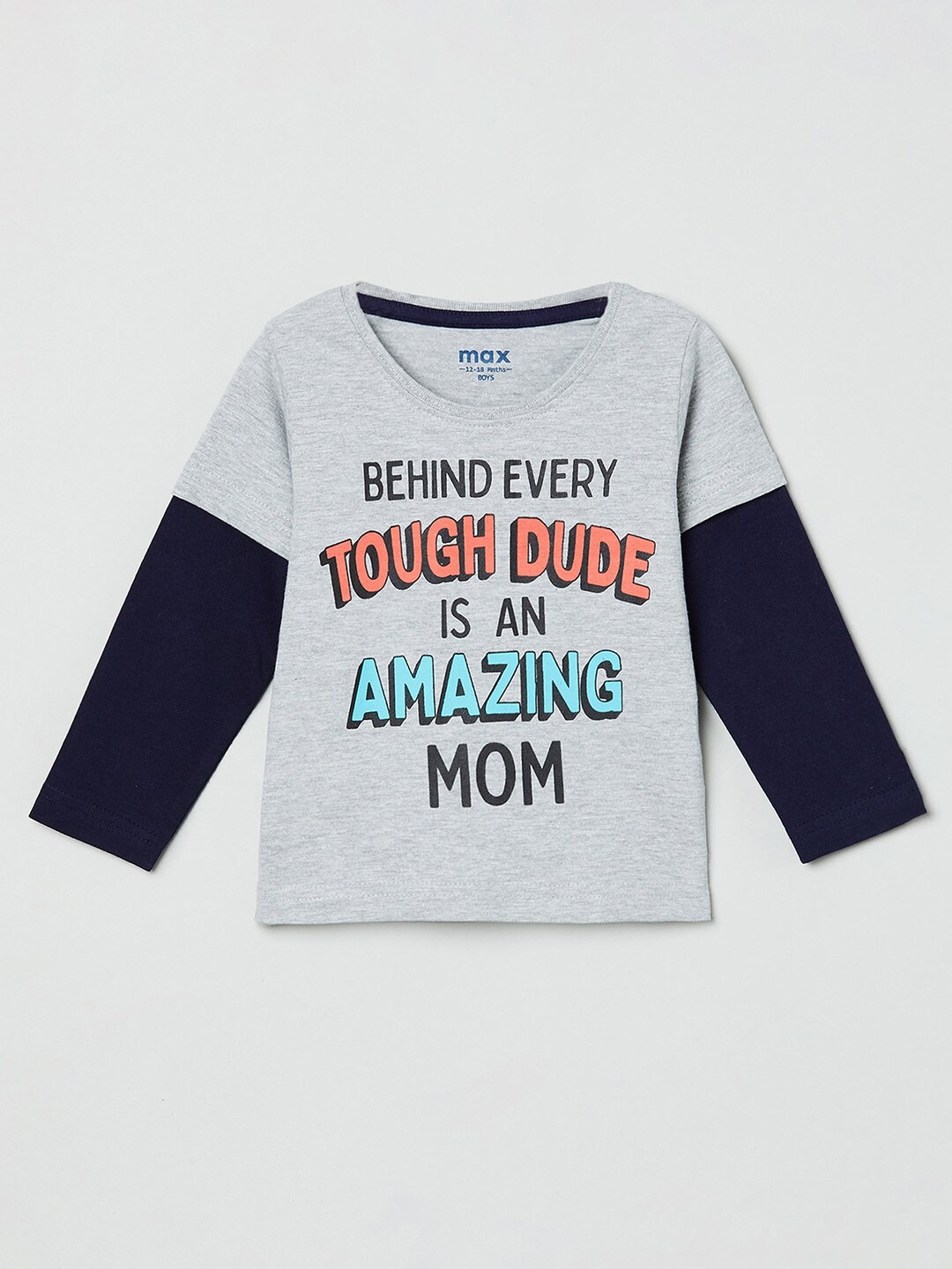 

max Boys Grey & Navy Blue Typography Printed T-shirt