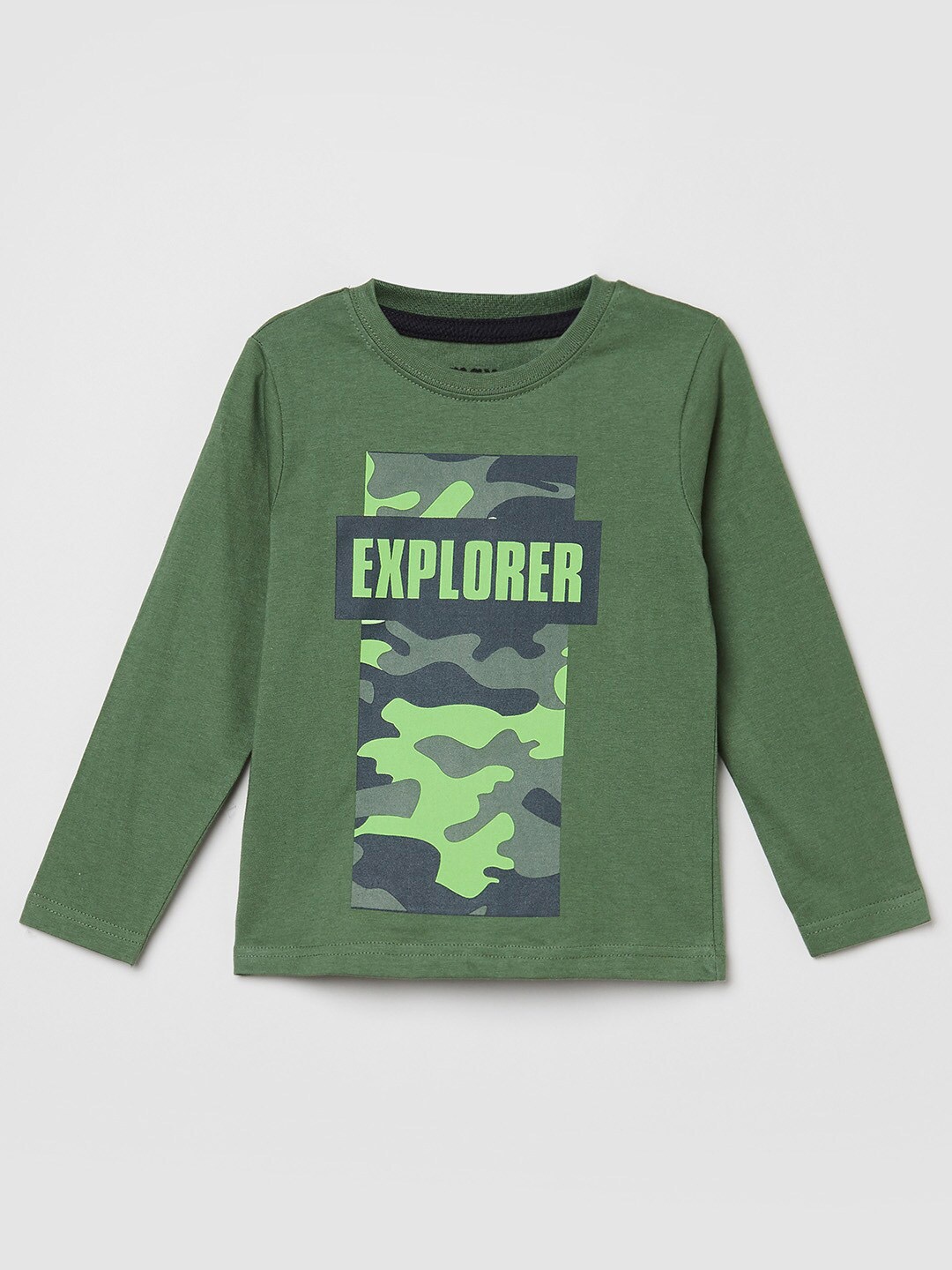 

max Boys Olive Green Camouflage Printed Cotton Pure Cotton T-shirt