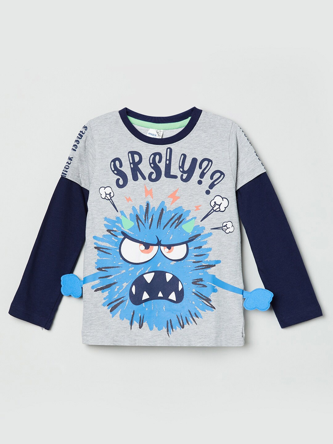 

max Boys Grey & Navy Blue Printed T-shirt