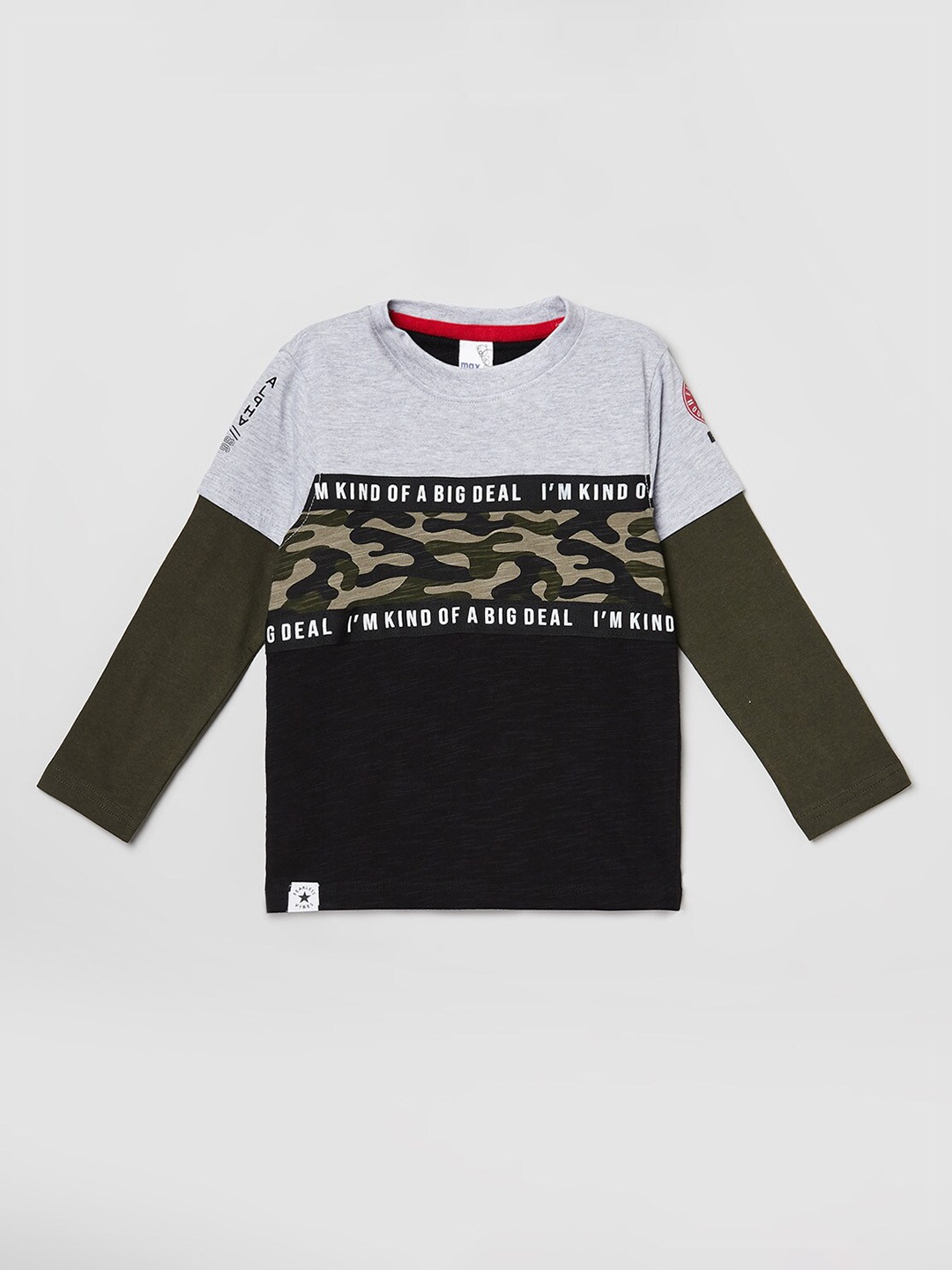 

max Boys Black Grey Camouflage Printed Cotton Pure Cotton T-shirt