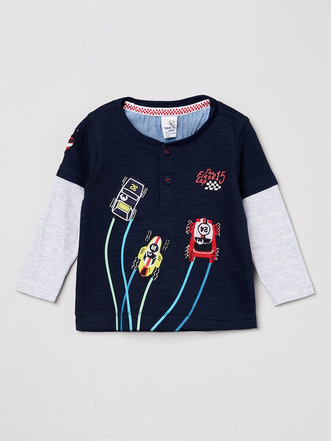 

max Boys Navy Blue Henley Neck T-shirt With Applique