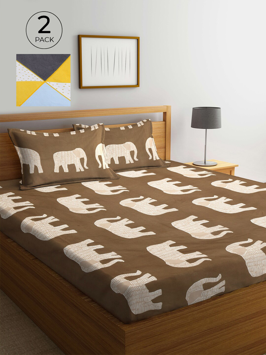 

KLOTTHE Brown & Yellow Printed 210 TC 2 King Bedsheet With 4 Pillow Covers