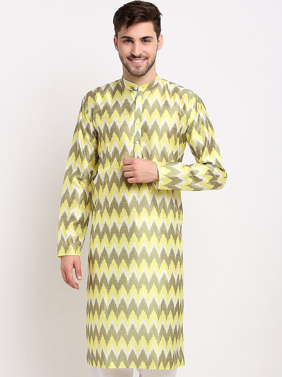 

Jompers Men Yellow Geometric Printed Kurta