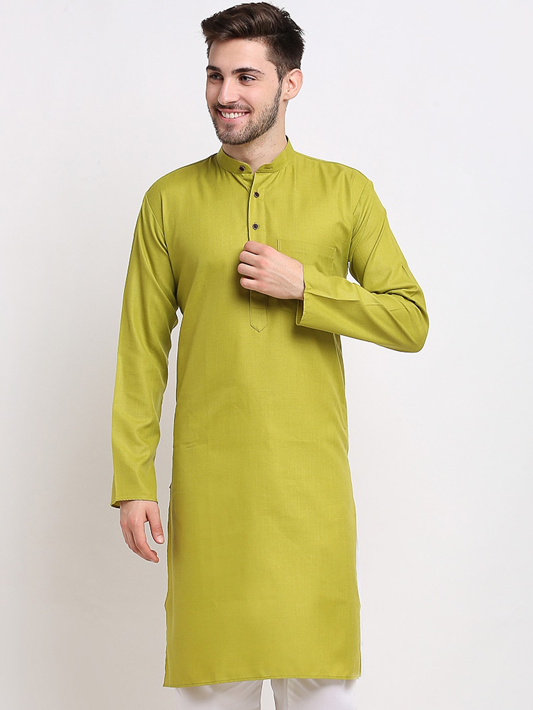 

Jompers Men Olive Green Straight Kurta