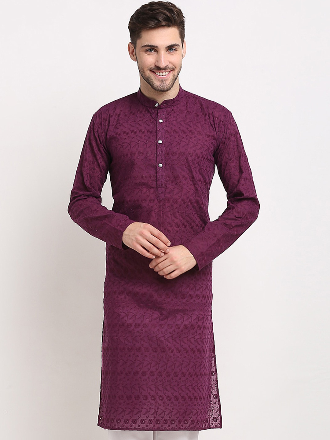 

Jompers Men Burgundy Ethnic Motifs Embroidered Kurta
