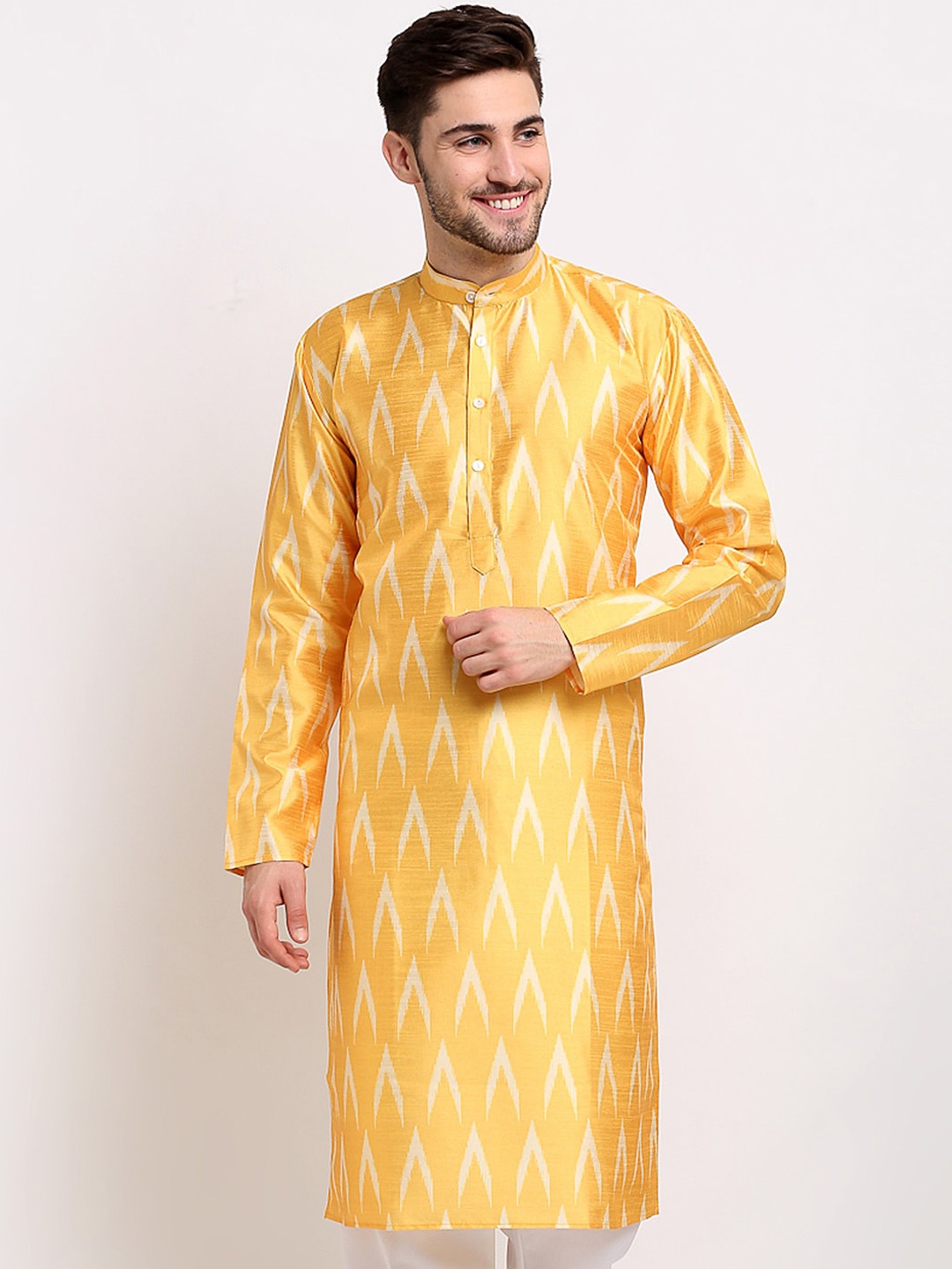 

Jompers Men Mustard Yellow Woven Design Ikat Printed Kurta