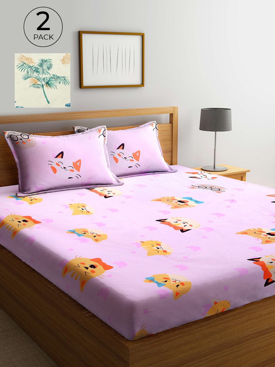 

KLOTTHE Pink & Cream-Coloured Printed 210 TC 2 King Bedsheet with 4 Pillow Covers