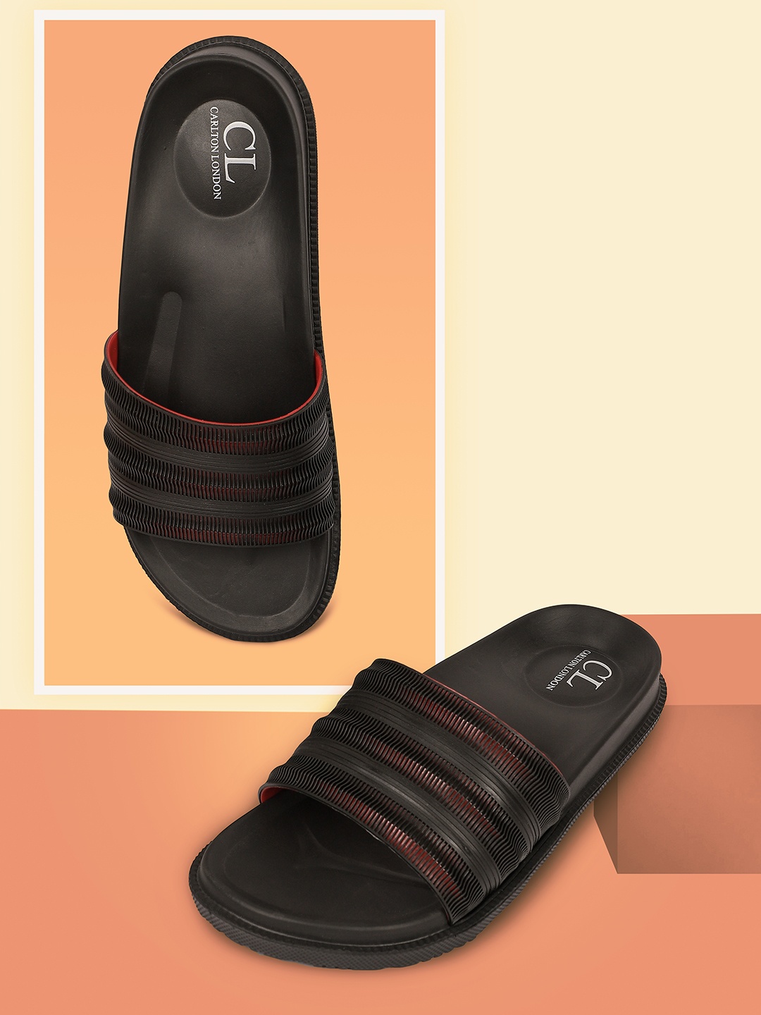 

Carlton London Men Black & Red Self Design Sliders