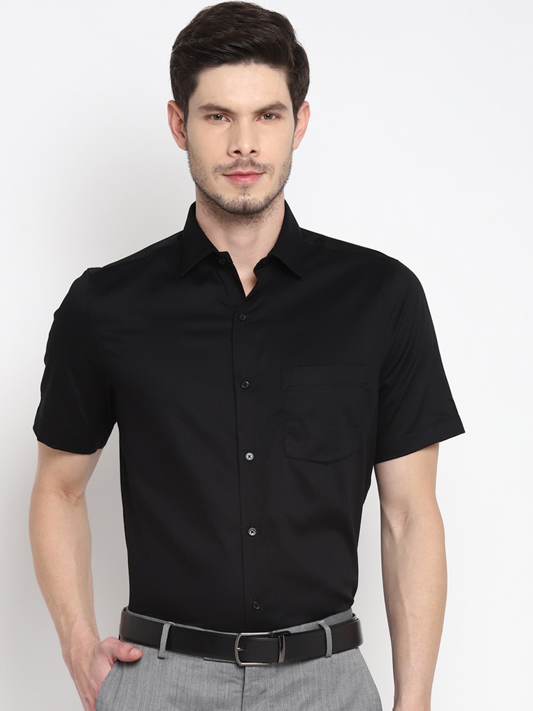 

Turtle Men Black Self Design Formal Shirt