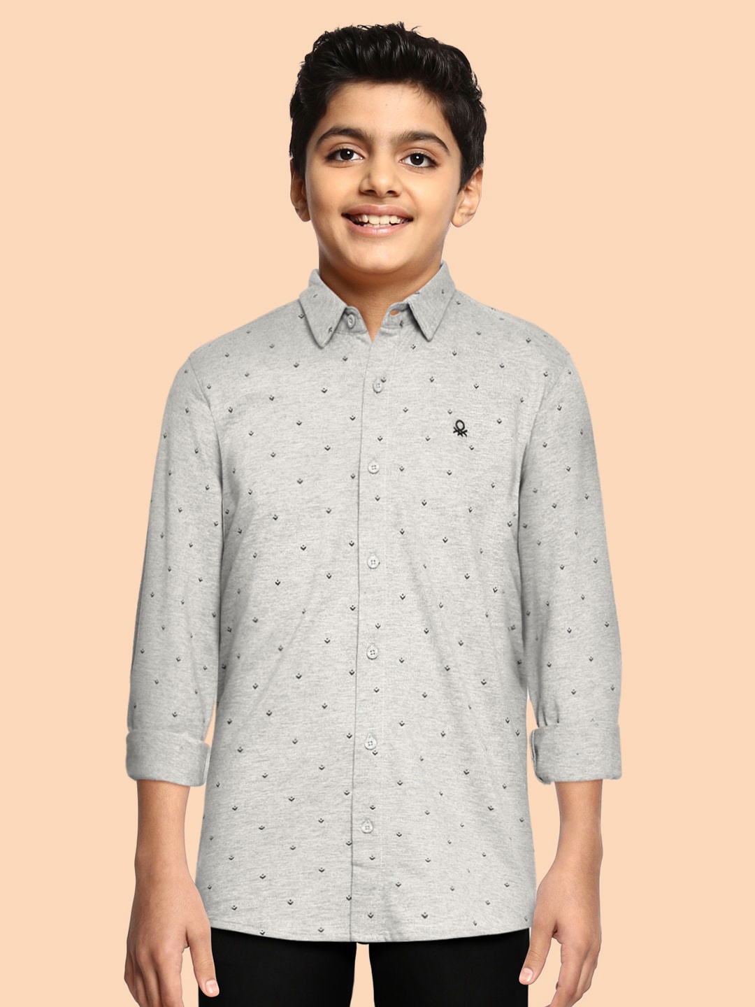 

United Colors of Benetton Boys Grey Melange & Navy Blue Cotton Printed Casual Shirt