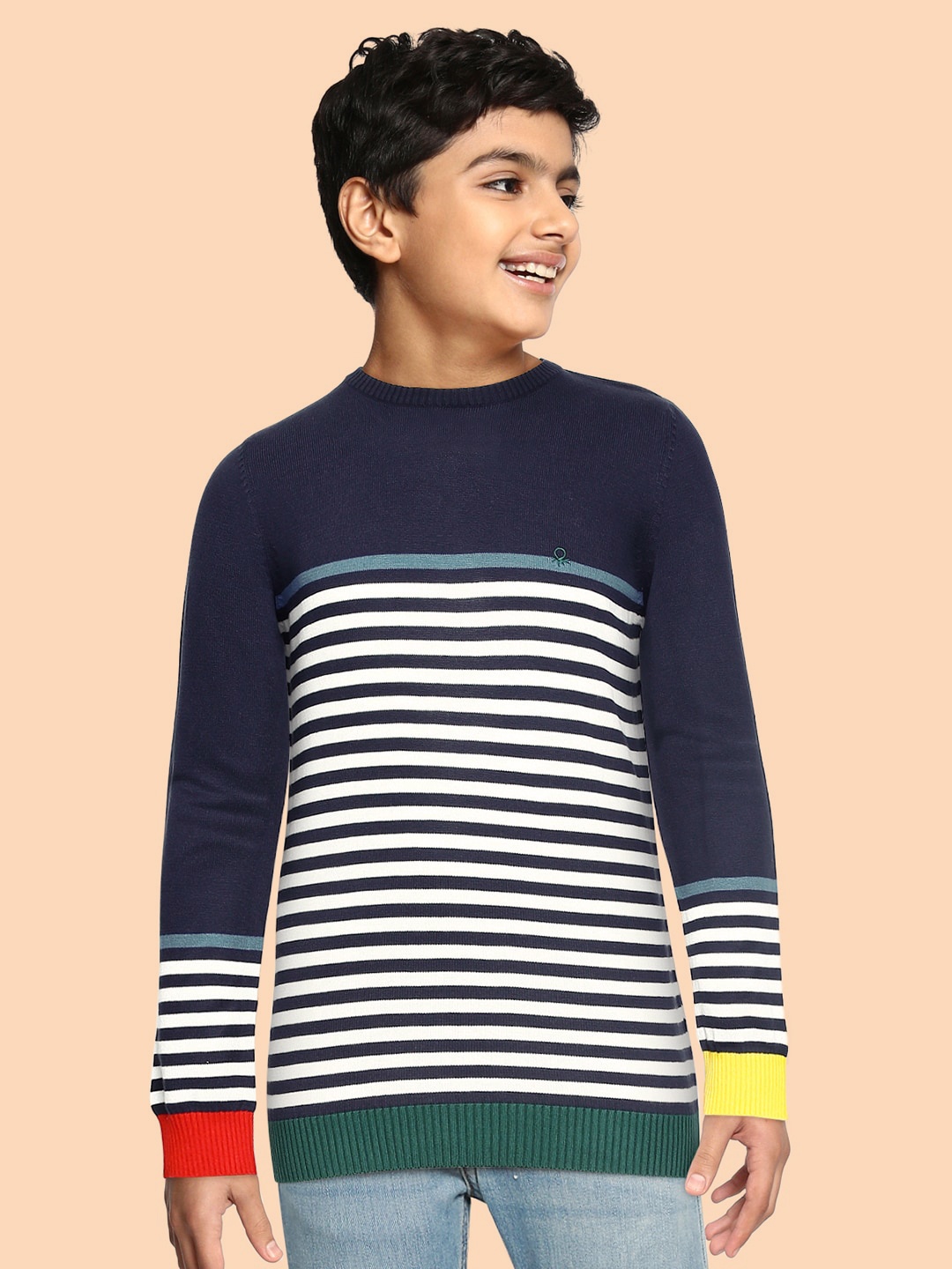 

United Colors of Benetton Boys Navy Blue & White Pure Cotton Striped Pullover