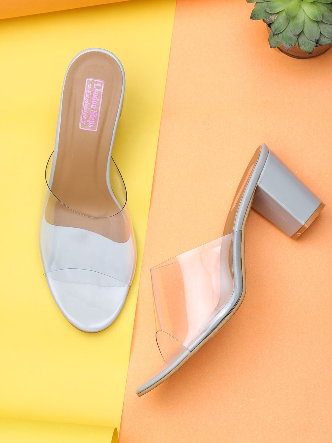 

LONDON STEPS Women Grey & Transparent Block Heel Mules