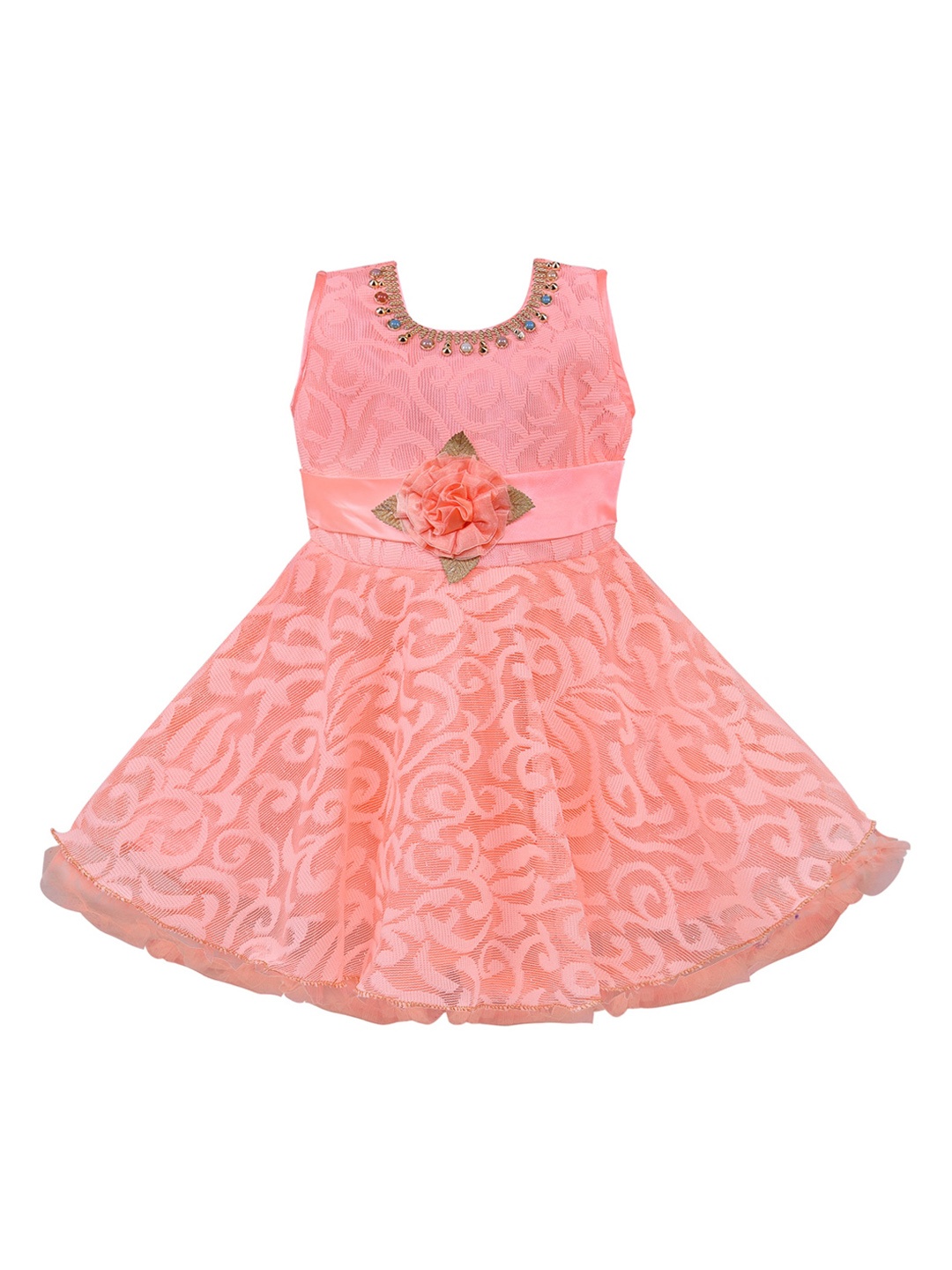 

Wish Karo Girls Peach-Coloured & Green Net Dress
