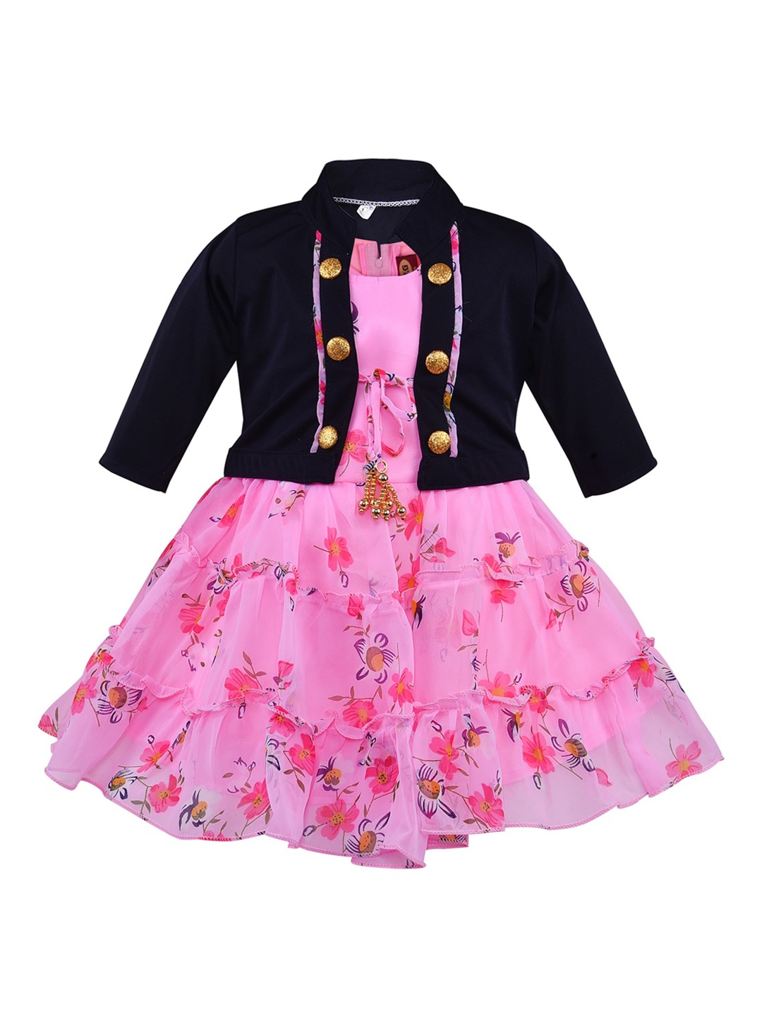 

Wish Karo Girls Pink & Navy Blue Floral Georgette Dress