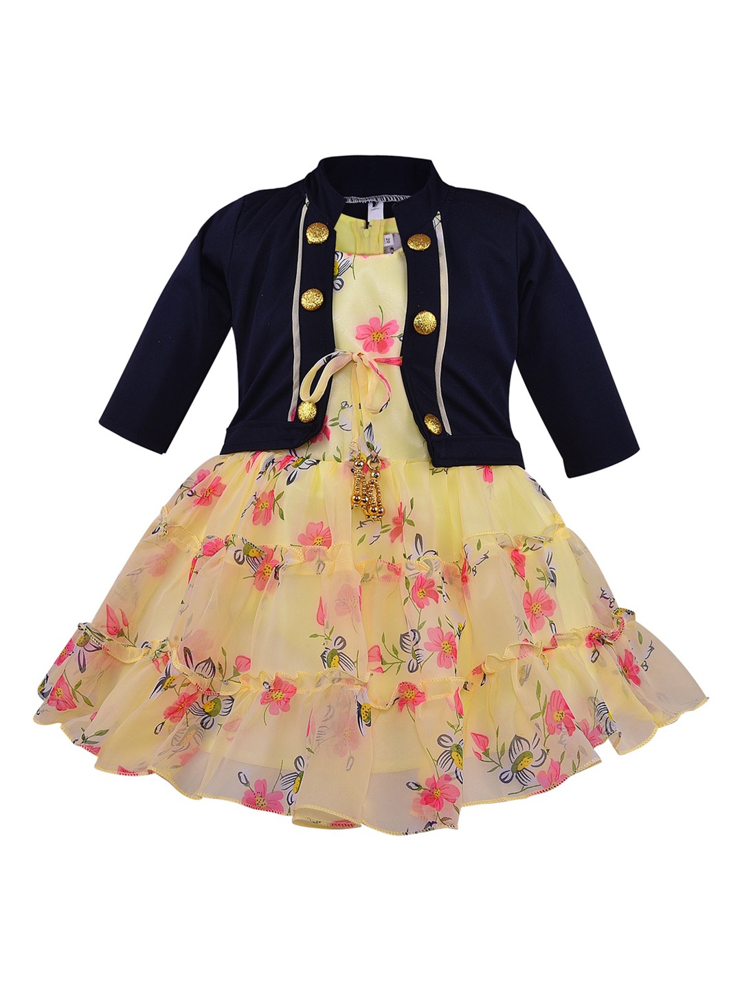 

Wish Karo Yellow Floral Printed Georgette Fit & Flared Frock Dress With Waist Coat