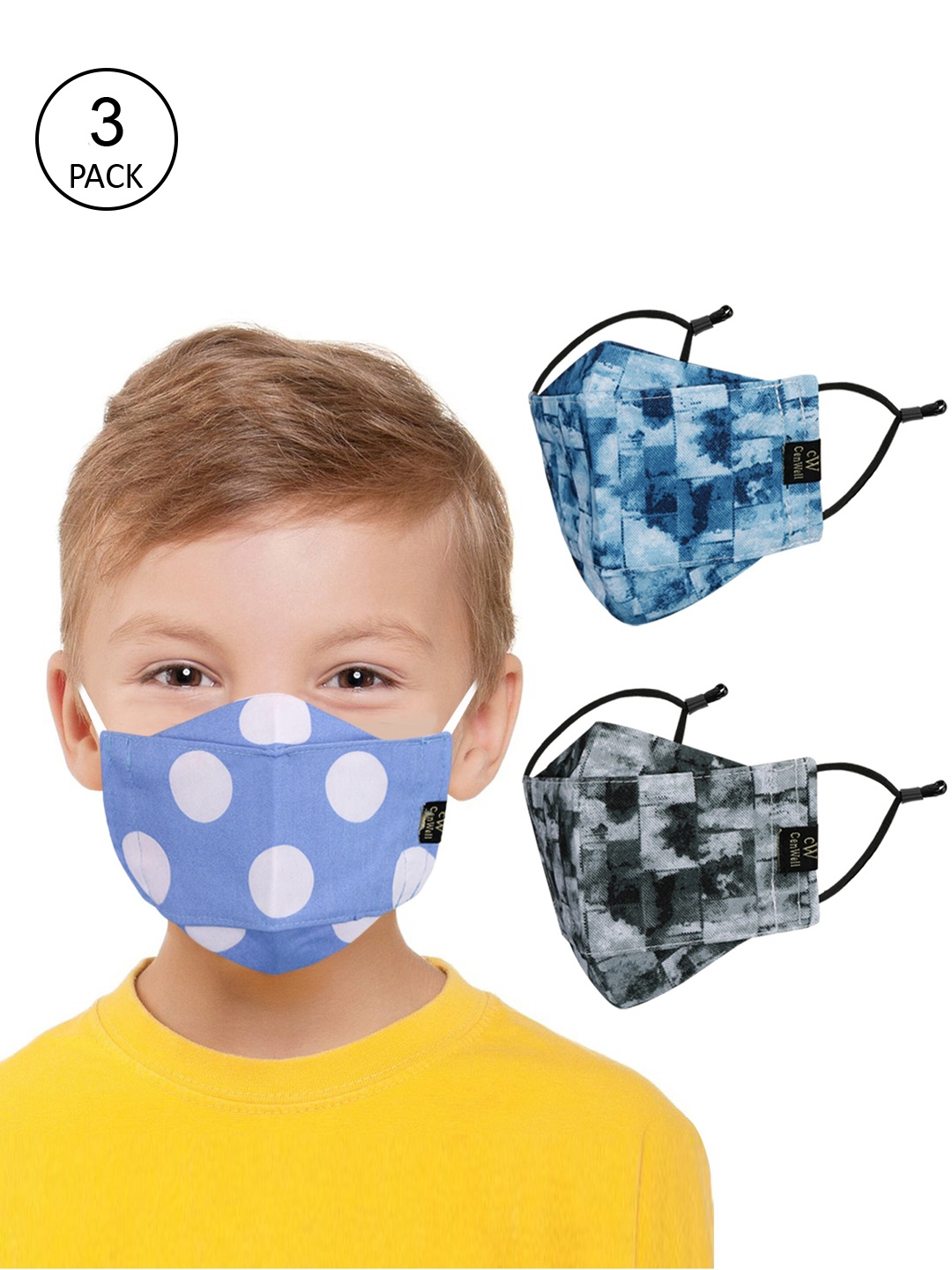 

CENWELL Unisex Kids Pack of 3 Printed Reusable 6 Ply 3D Pure Cotton Cloth Mask, Blue