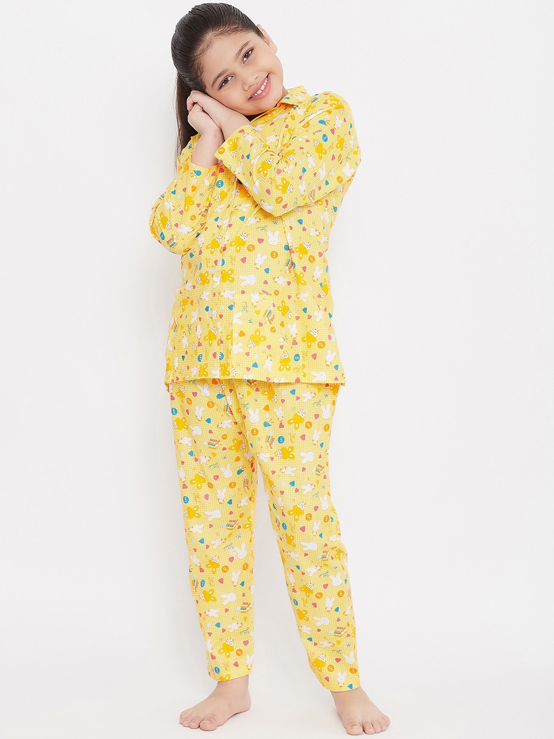 

KYDZI Girls Yellow & White Pure Cotton Printed Night suit