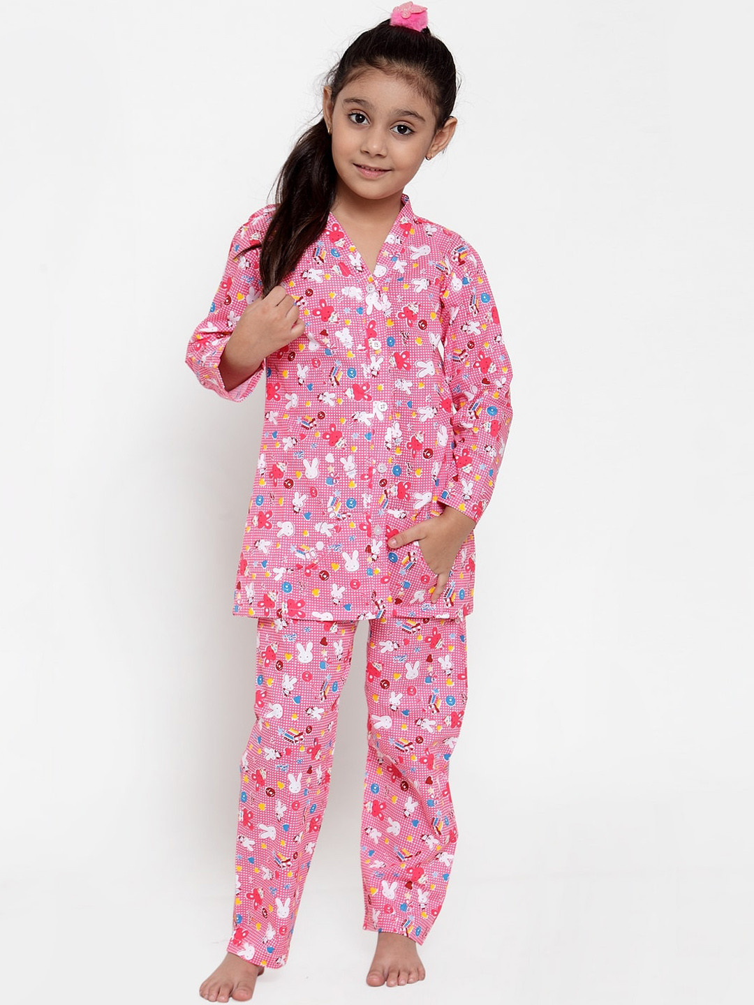 

KYDZI Girls Pink & White Printed Pure Cotton Night suit