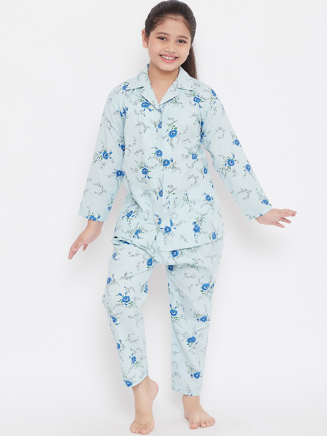 

KYDZI Girls Blue & Green Printed Night suit