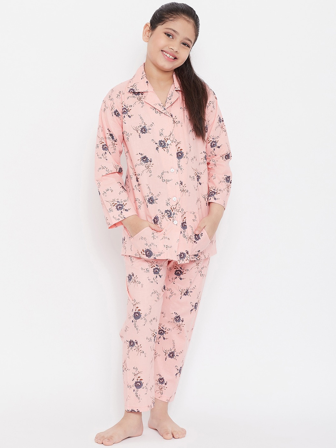 

KYDZI Girls Peach-Coloured & Grey Printed Night suit